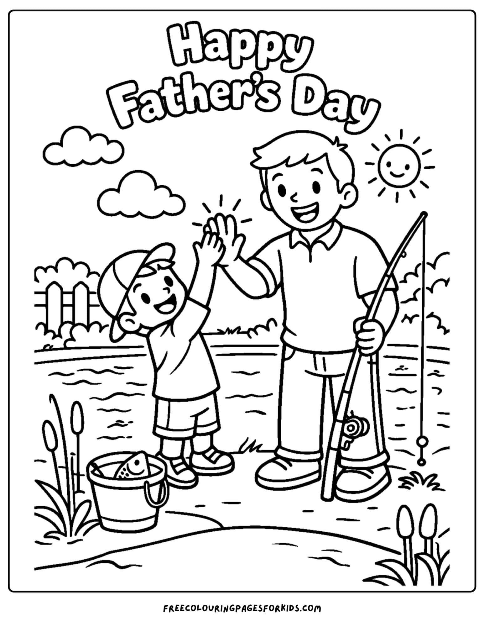 a coloring page for fathers day showcasing a child and their father fishing together at the lake
