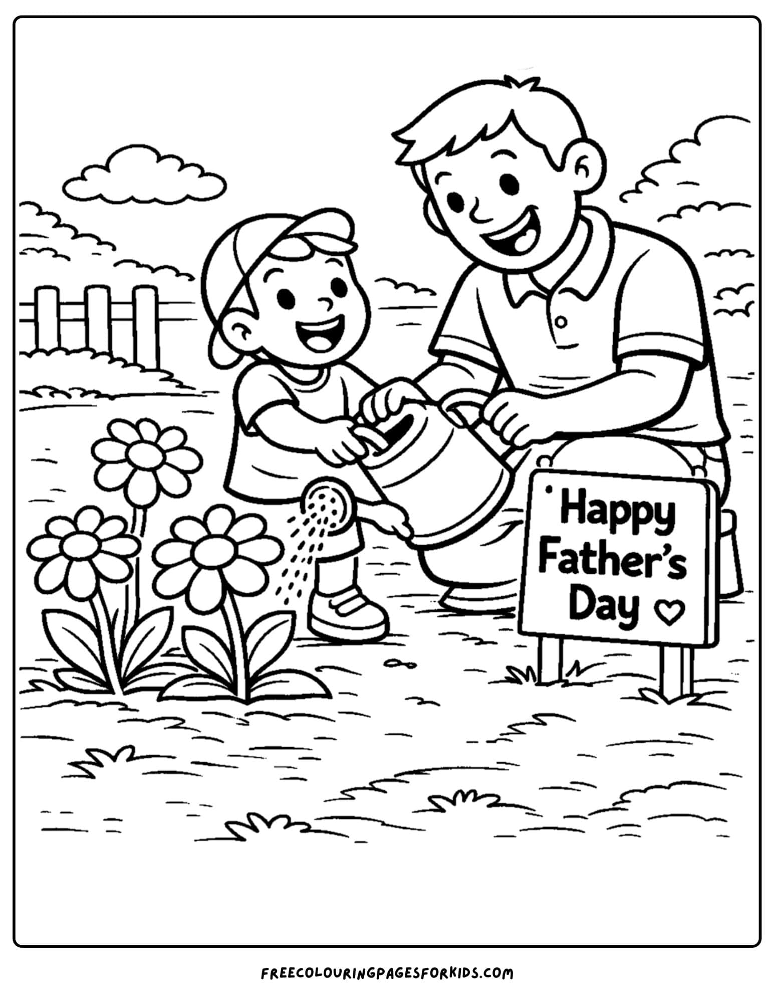 a coloring page for fathers day showcasing a child and their father watering the garden flowers