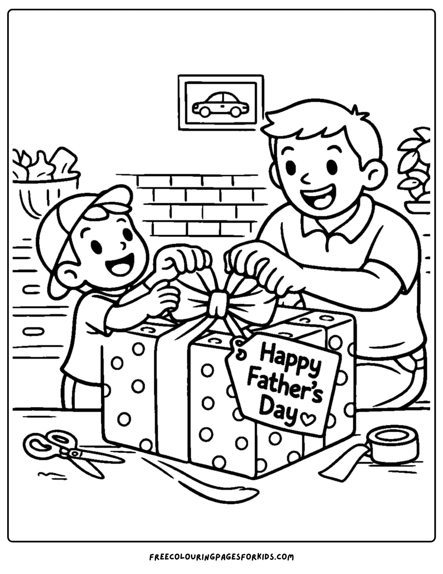 a coloring page for fathers day showcasing a child and their father unwrapping a big gift