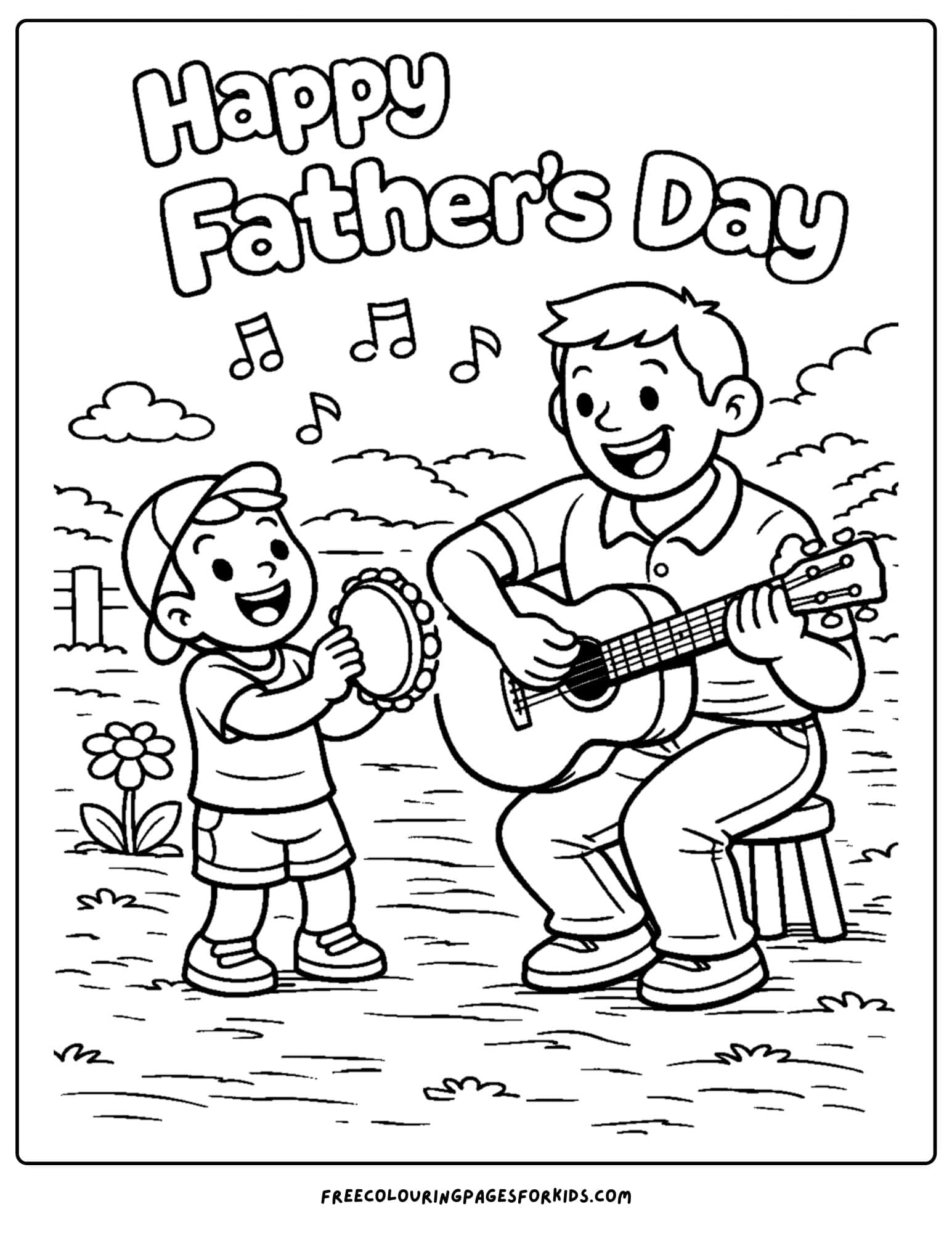 a coloring page for fathers day showcasing a child and their father playing a guitar and tambourine together