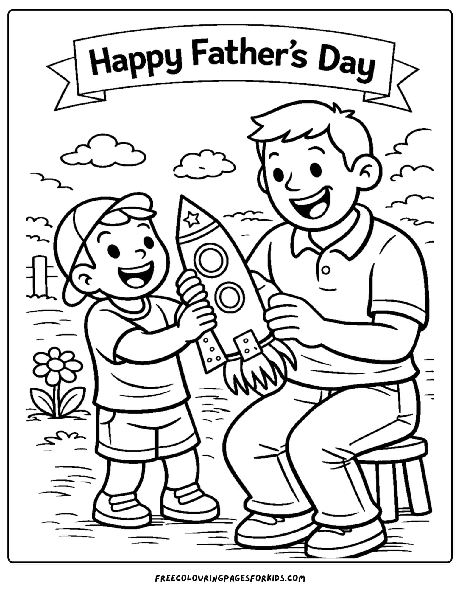 a coloring page for fathers day showcasing a child and their father making a homemade