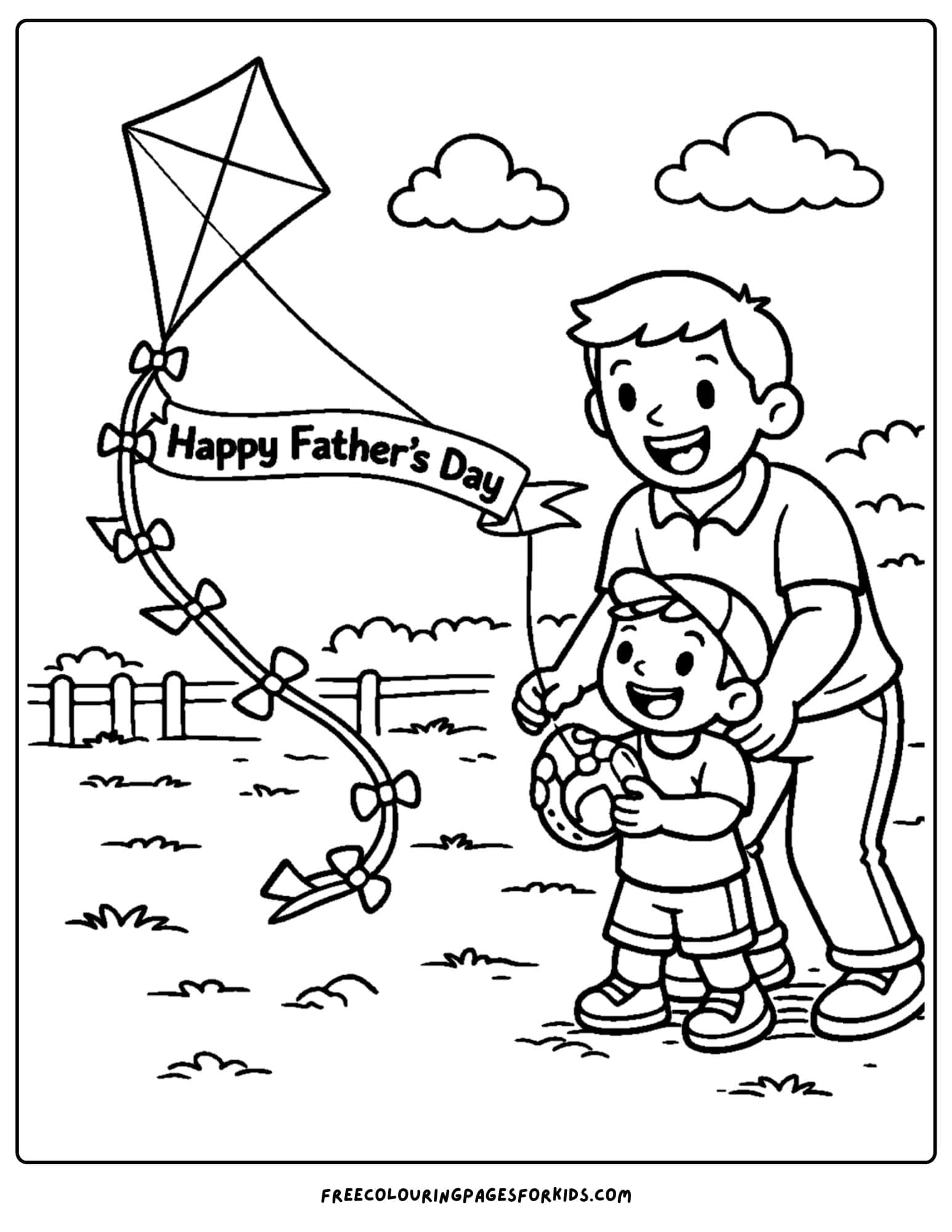 a coloring page for fathers day showcasing a child and their father flying a kite together