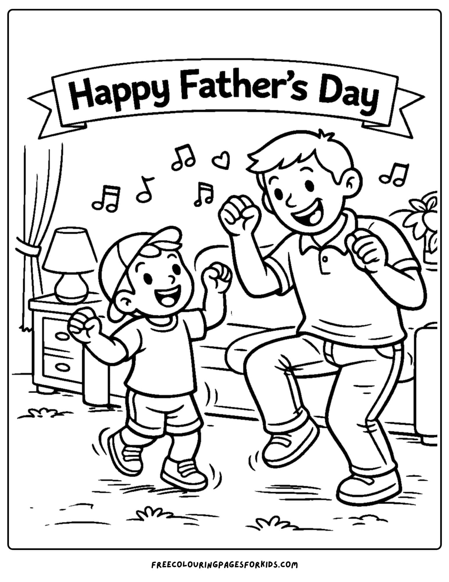 a coloring page for fathers day showcasing a child and their father dancing in the living room together