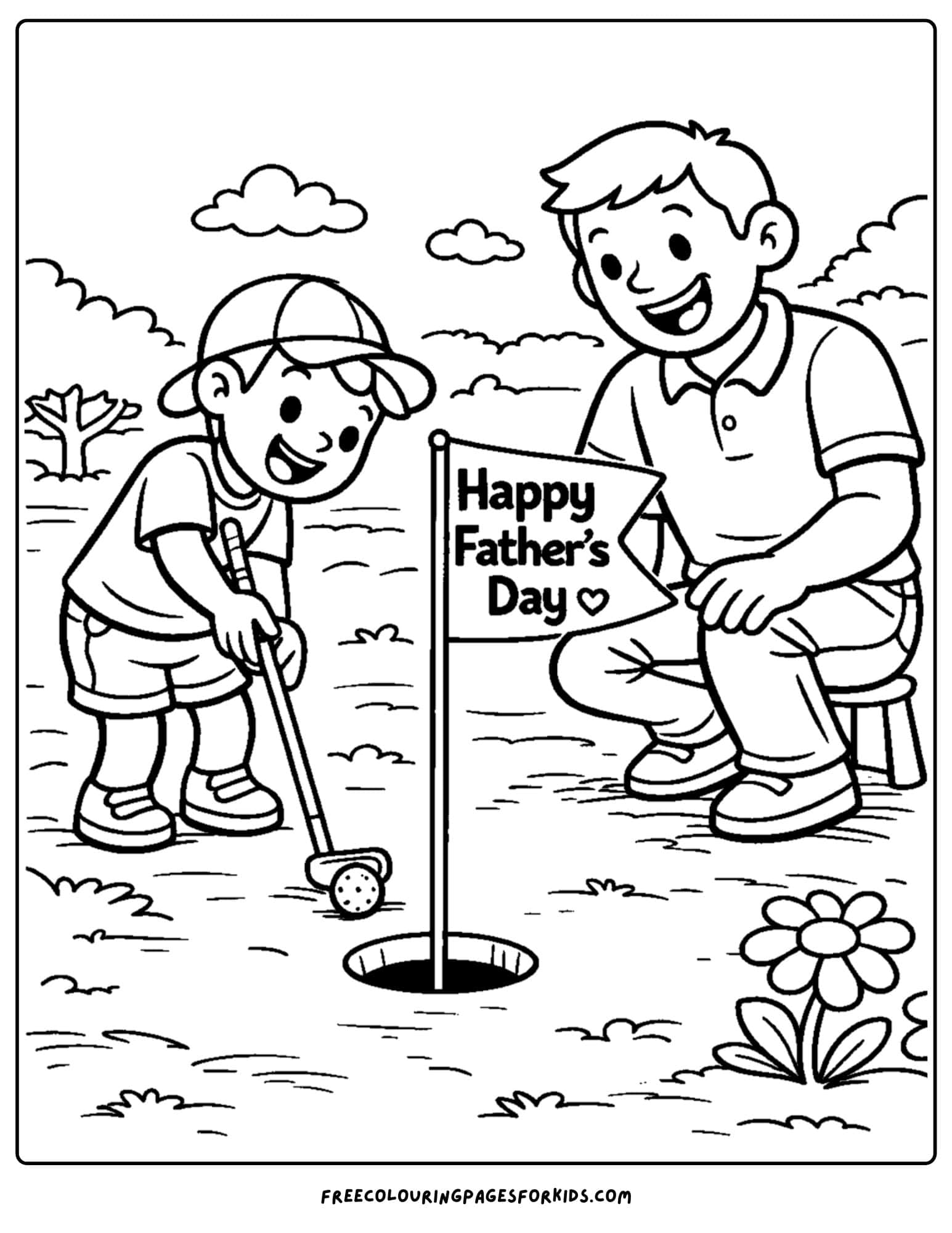 a coloring page for fathers day showcasing a child and their father playing mini golf together