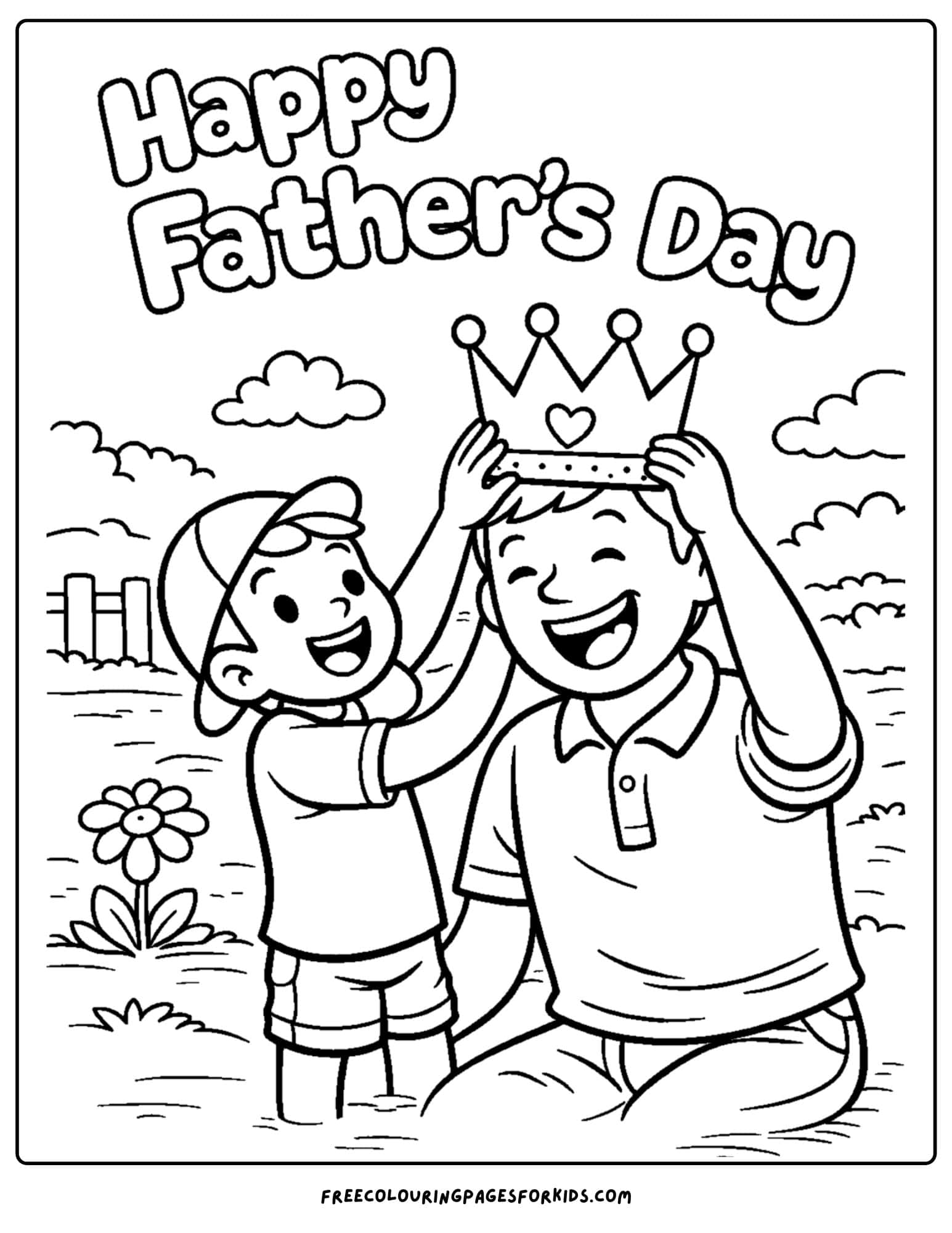 a coloring page for fathers day showcasing a child and their father wearing a paper crown