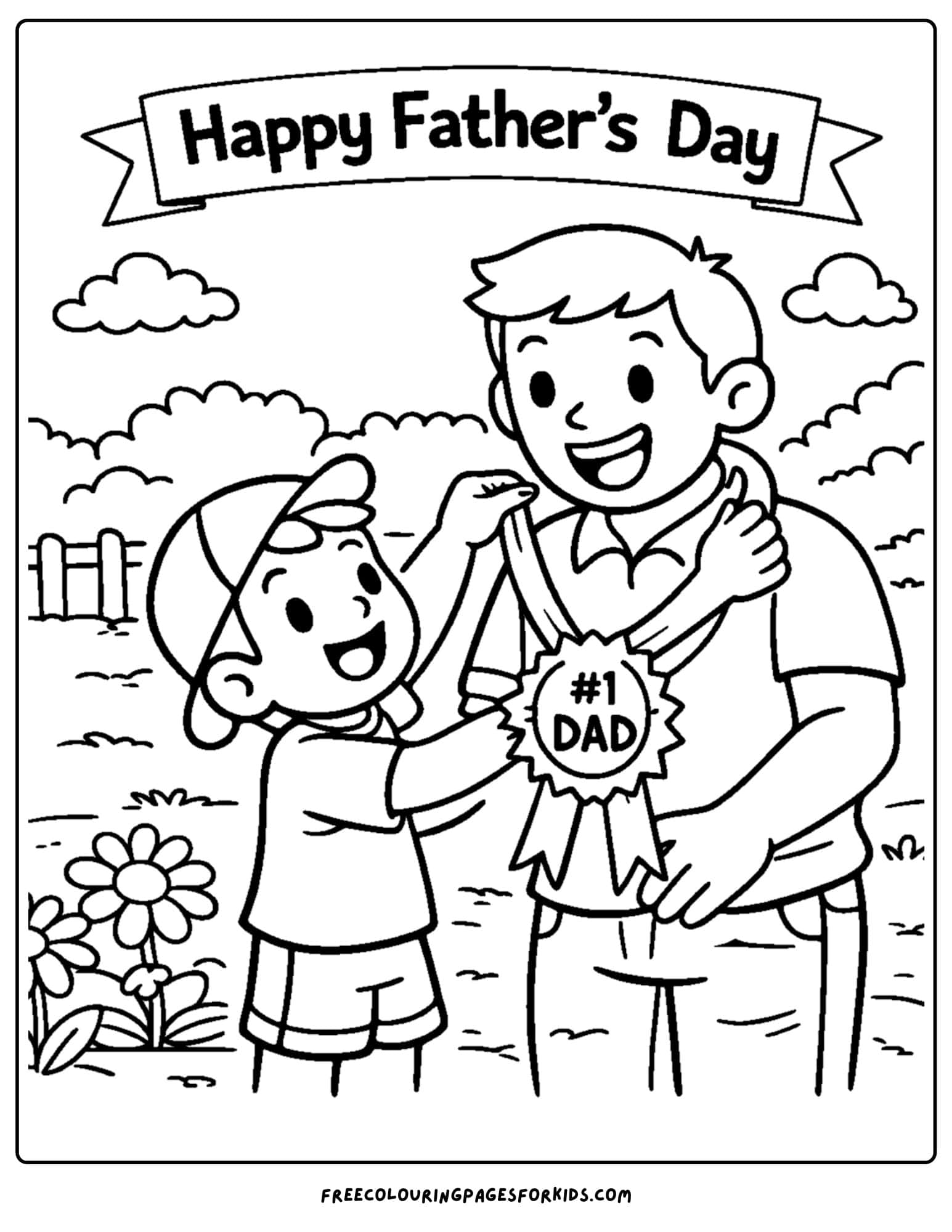 a coloring page for fathers day showcasing a child and their father getting given a number 1 dad medal
