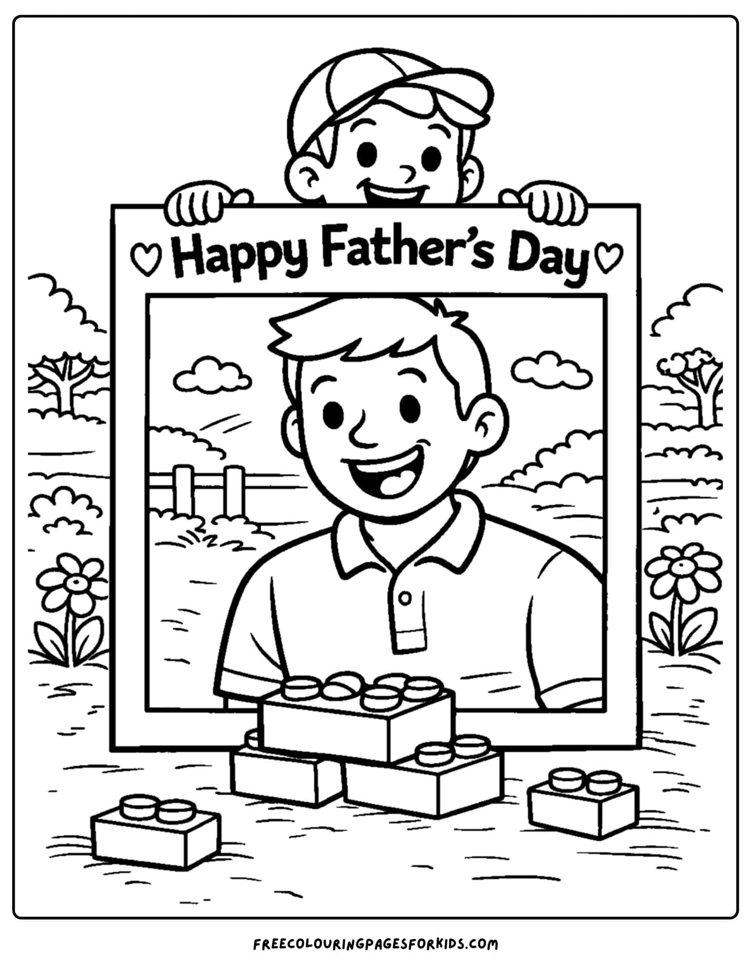 a coloring page for fathers day showcasing a child and their father in a photo frame portrait