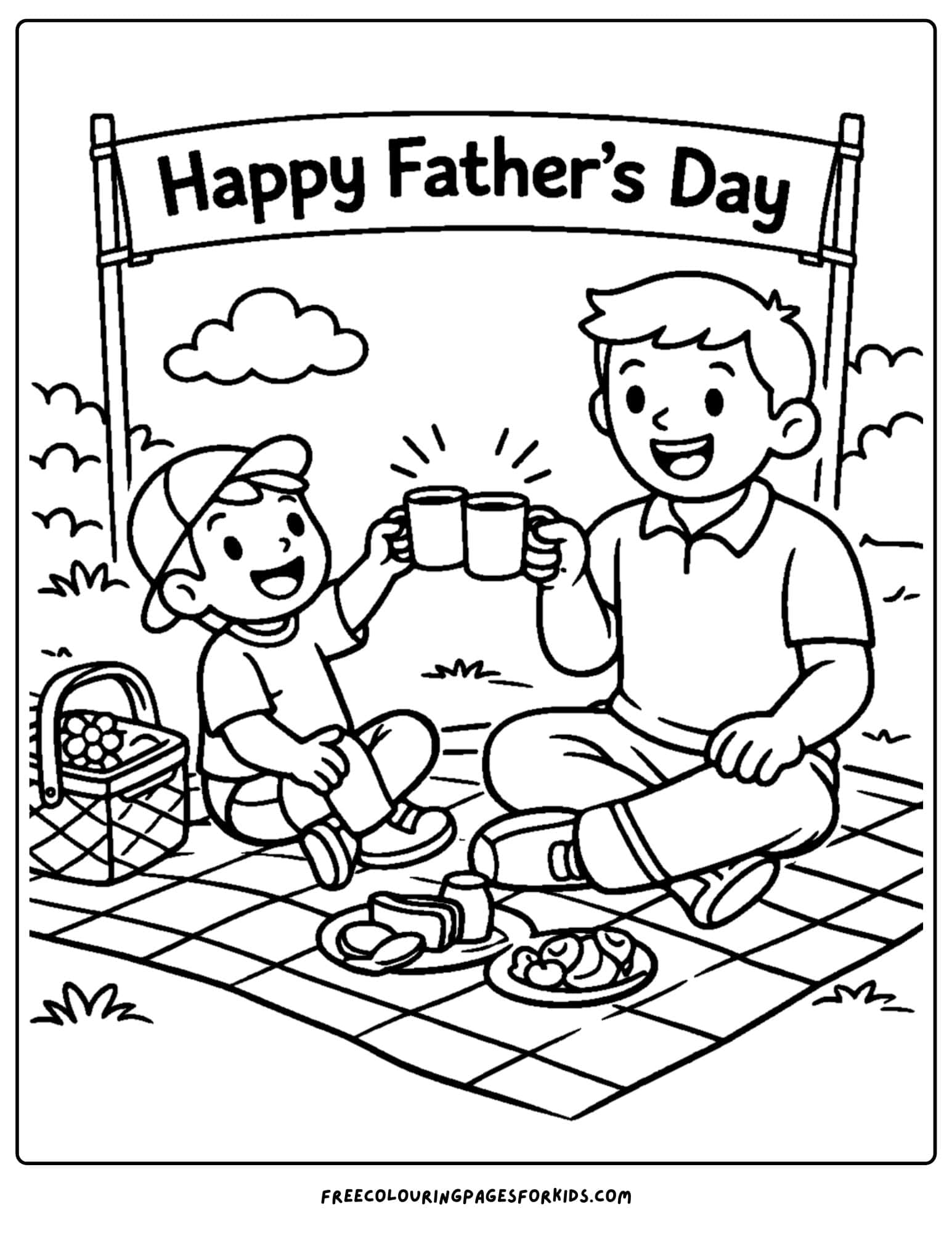 a coloring page for fathers day showcasing a child and their father having a picnic in the garden
