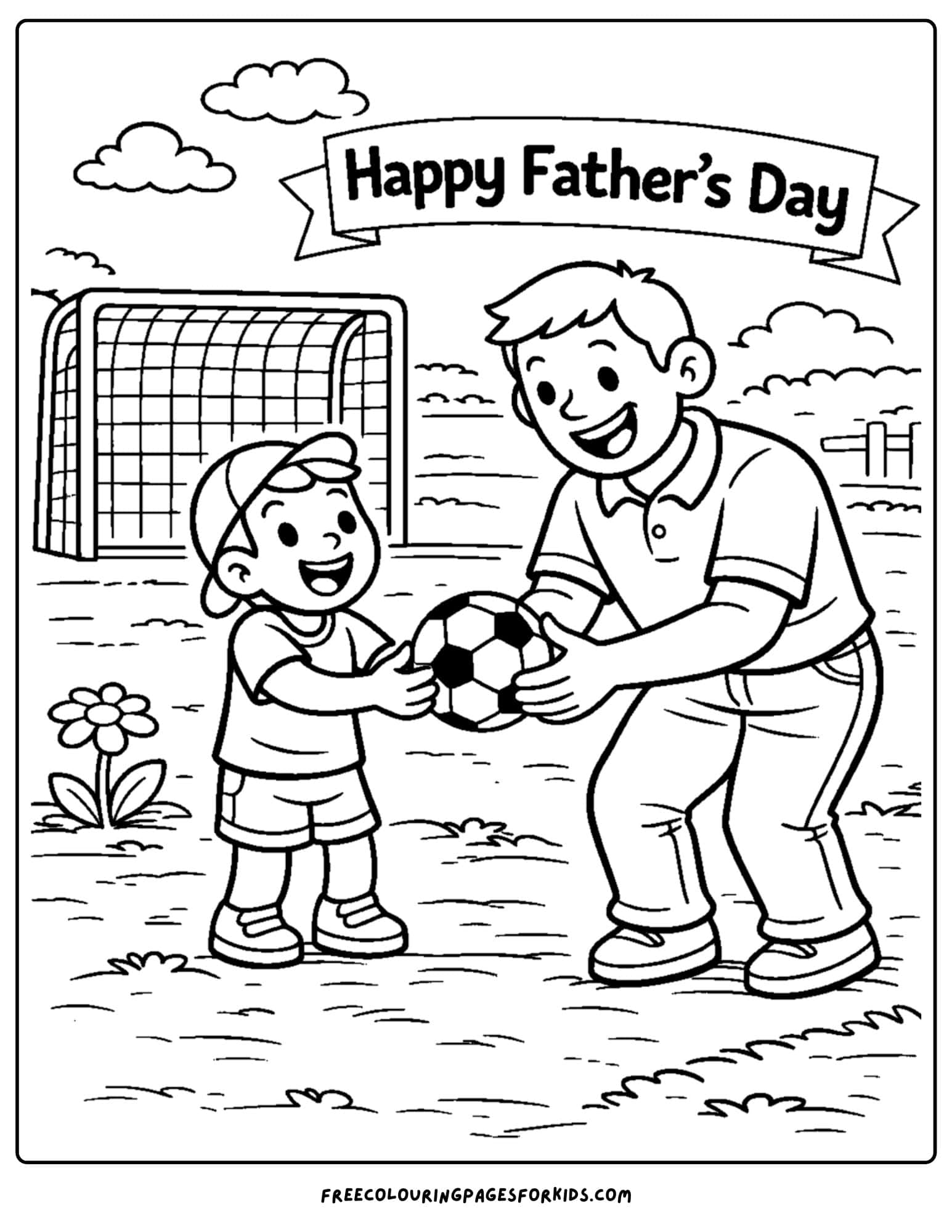 a coloring page for fathers day showcasing a child and their father passing the soccer ball to each other