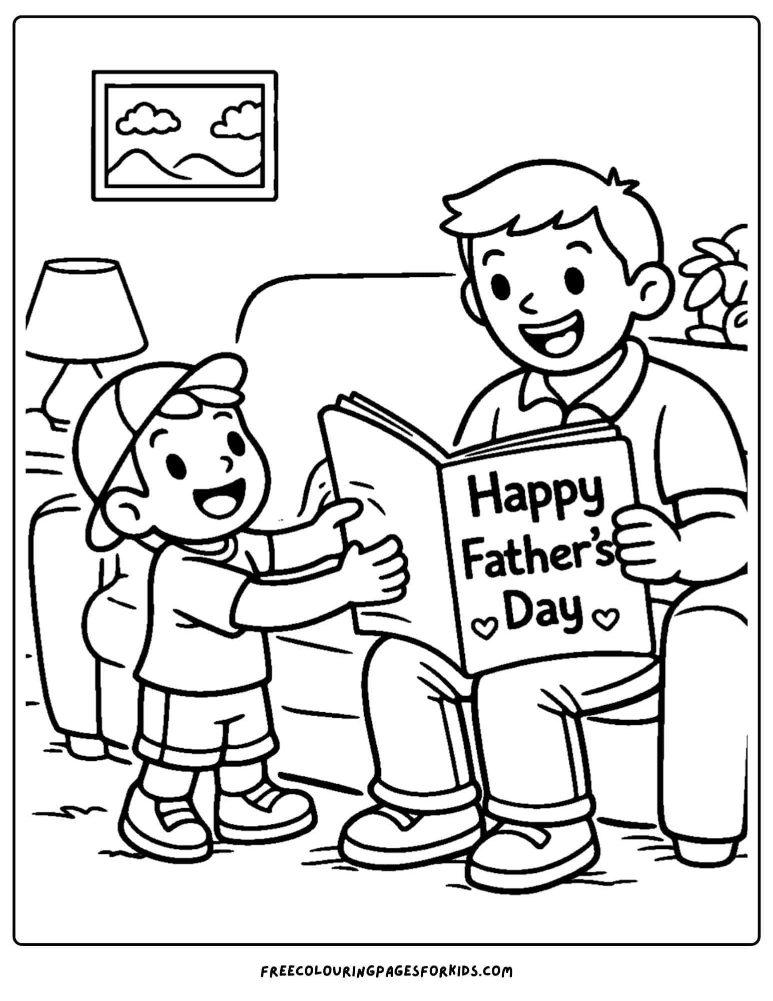 a coloring page for fathers day showcasing a child and their father reading a book together