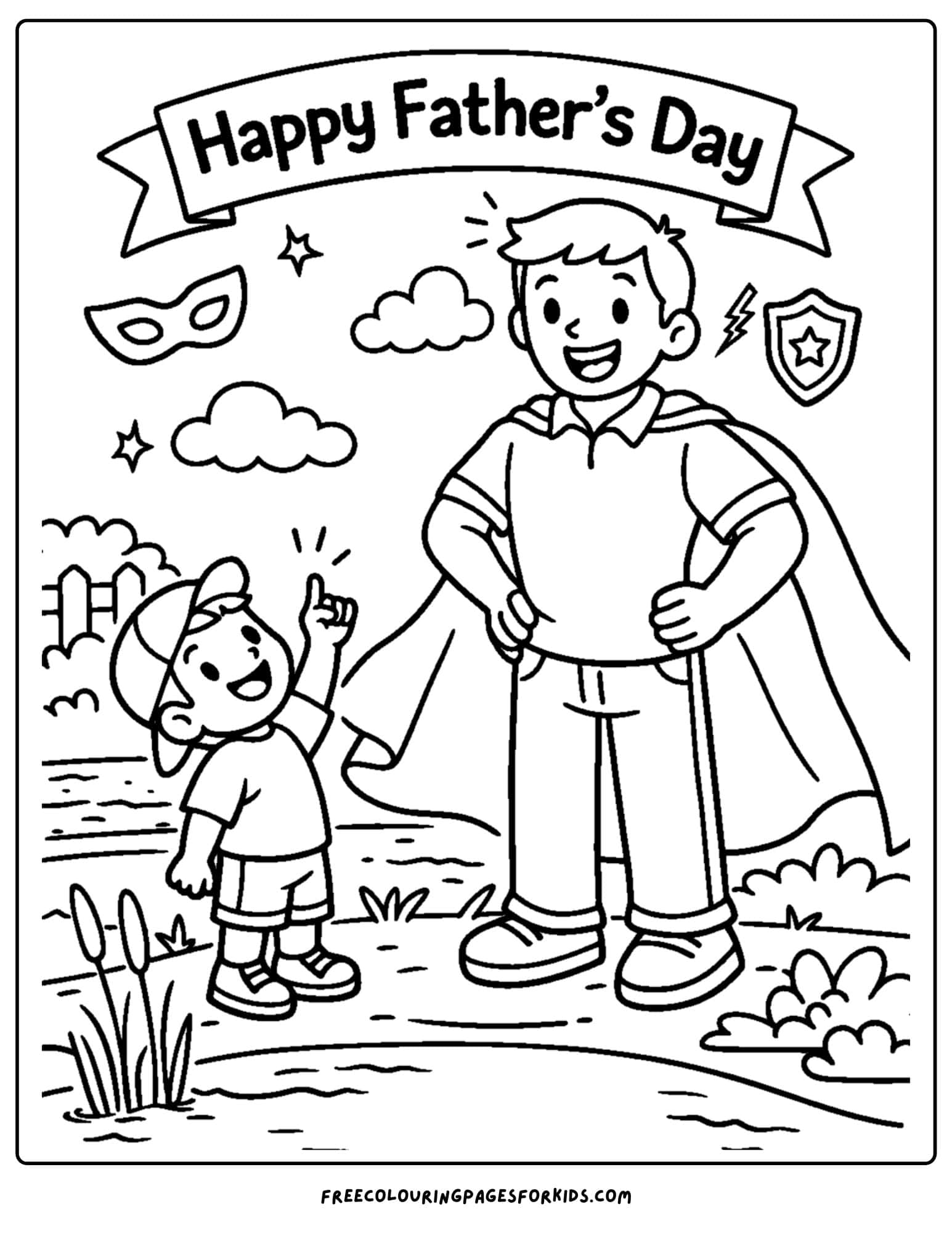 a coloring page for fathers day showcasing a child and their father dressed up as a superhero with a cape