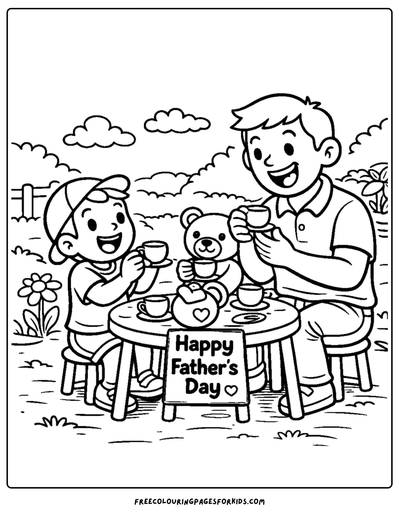 a coloring page for fathers day showcasing a child and their father having a teddy bear tea pary in the garden