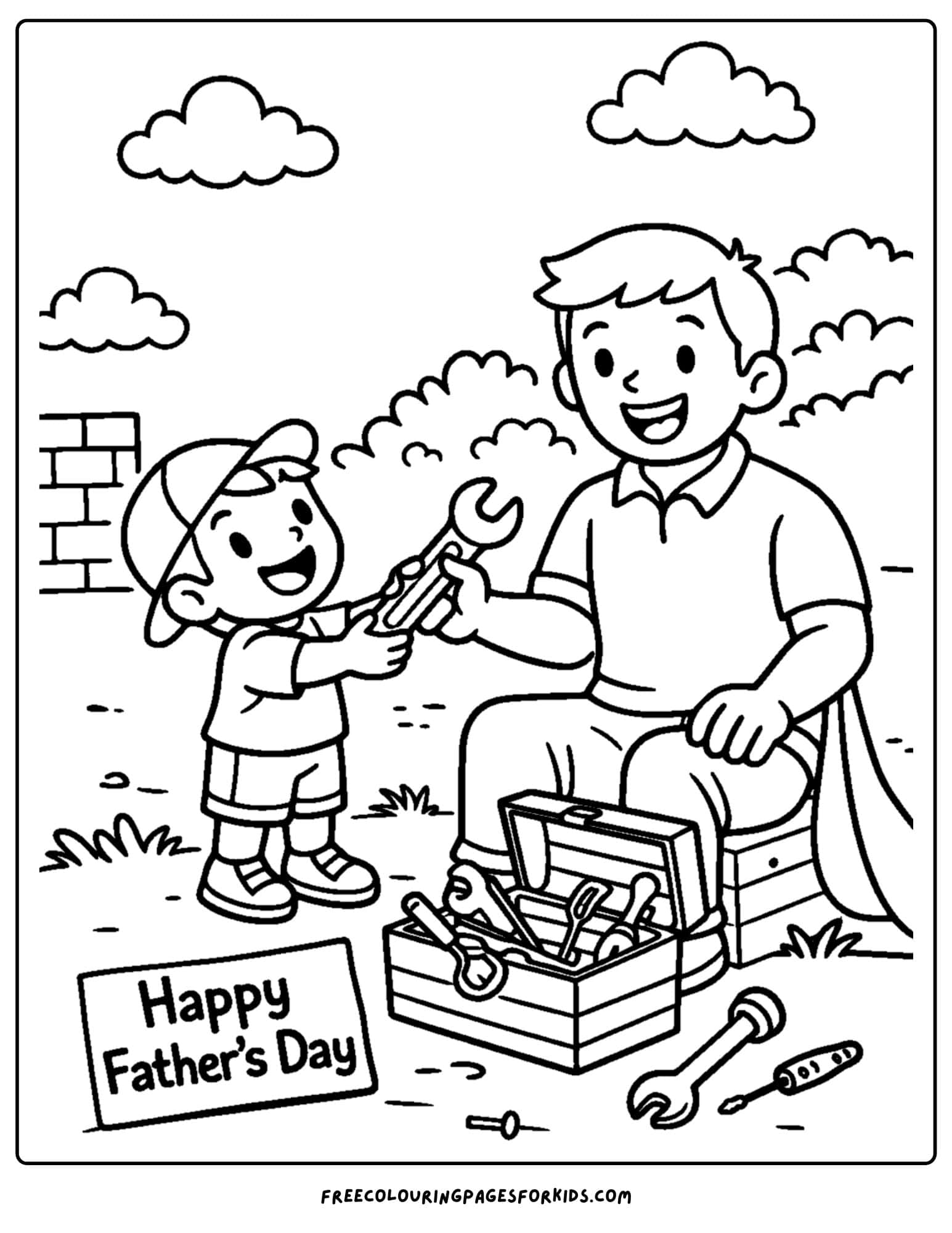 a coloring page for fathers day showcasing a child and their father with a toolbox ready to repair