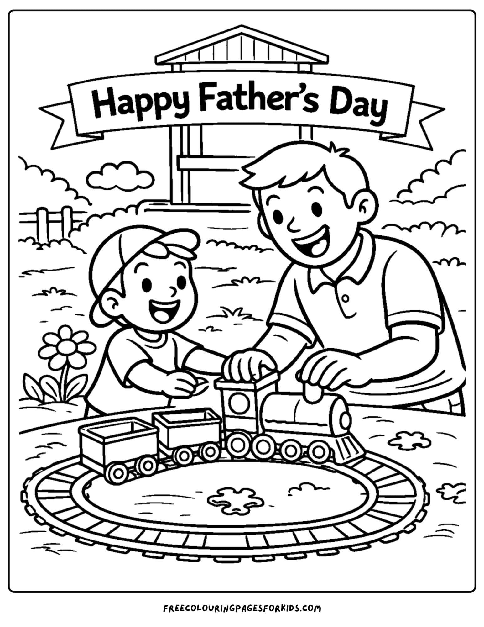 a coloring page for fathers day showcasing a child and their father playing with a toy train set