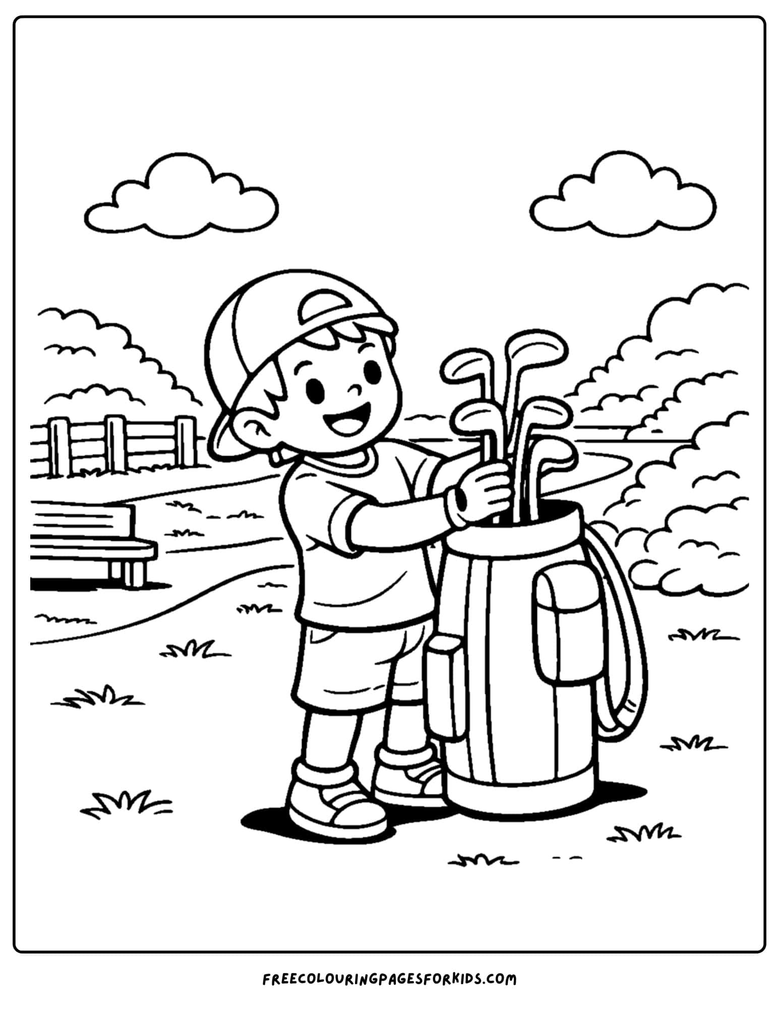 a golf coloring page of a player putting their clubs back in their golf bag