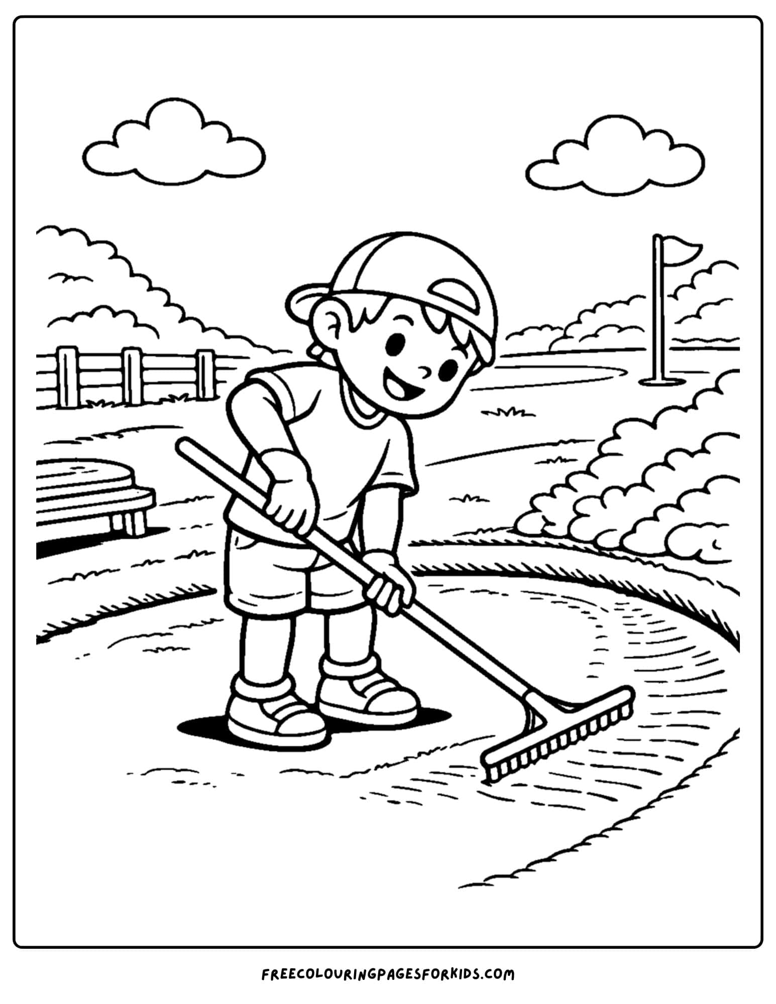 a golf coloring page of a player raking the bunker