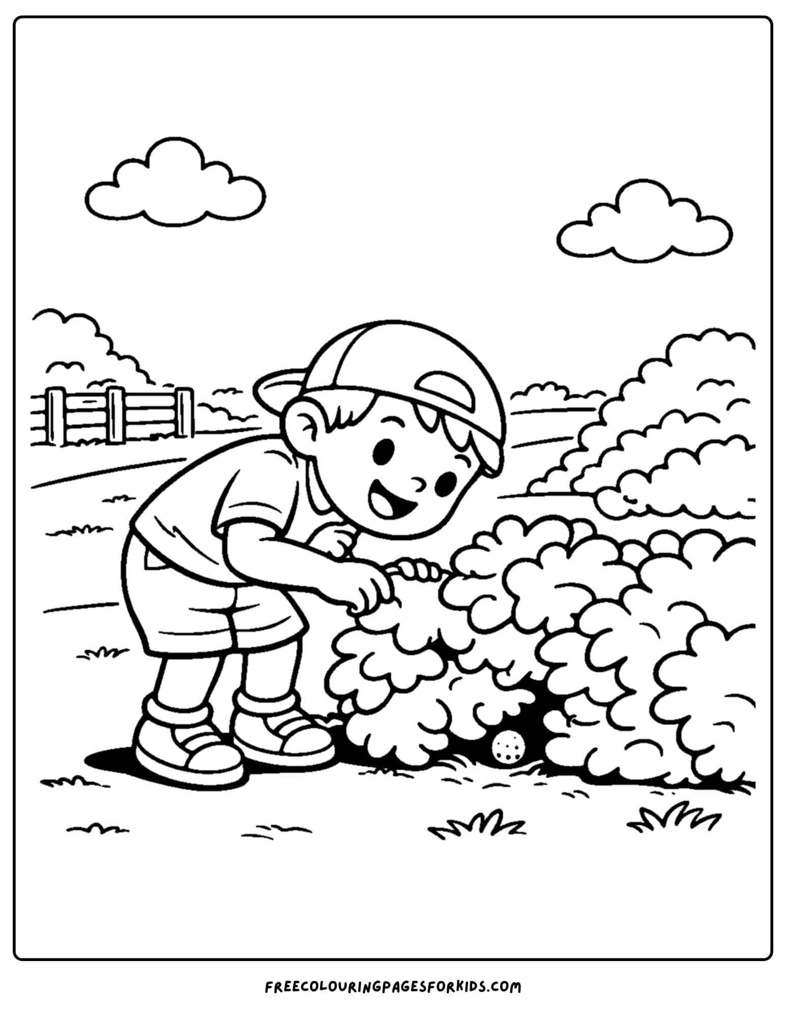 a golf coloring page of a player looking for their ball in the bushes