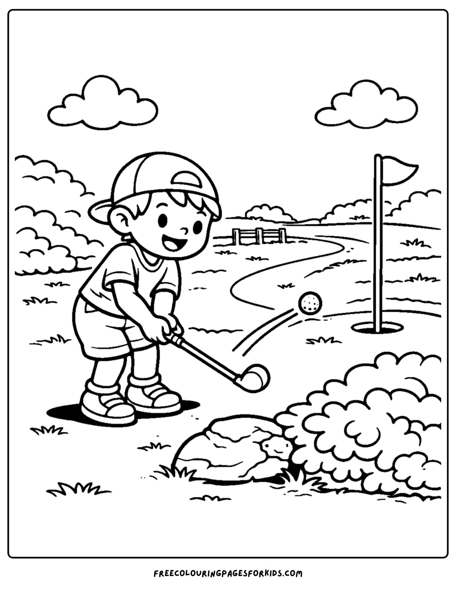 a golf coloring page chipping a ball over a rock