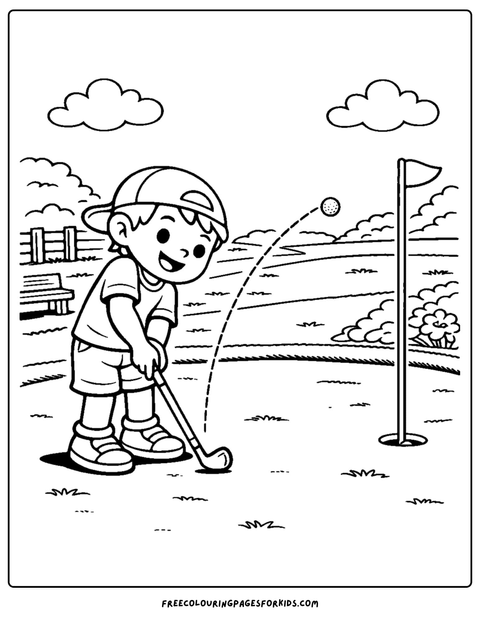 a golf coloring page of a player chipping the ball to the flag
