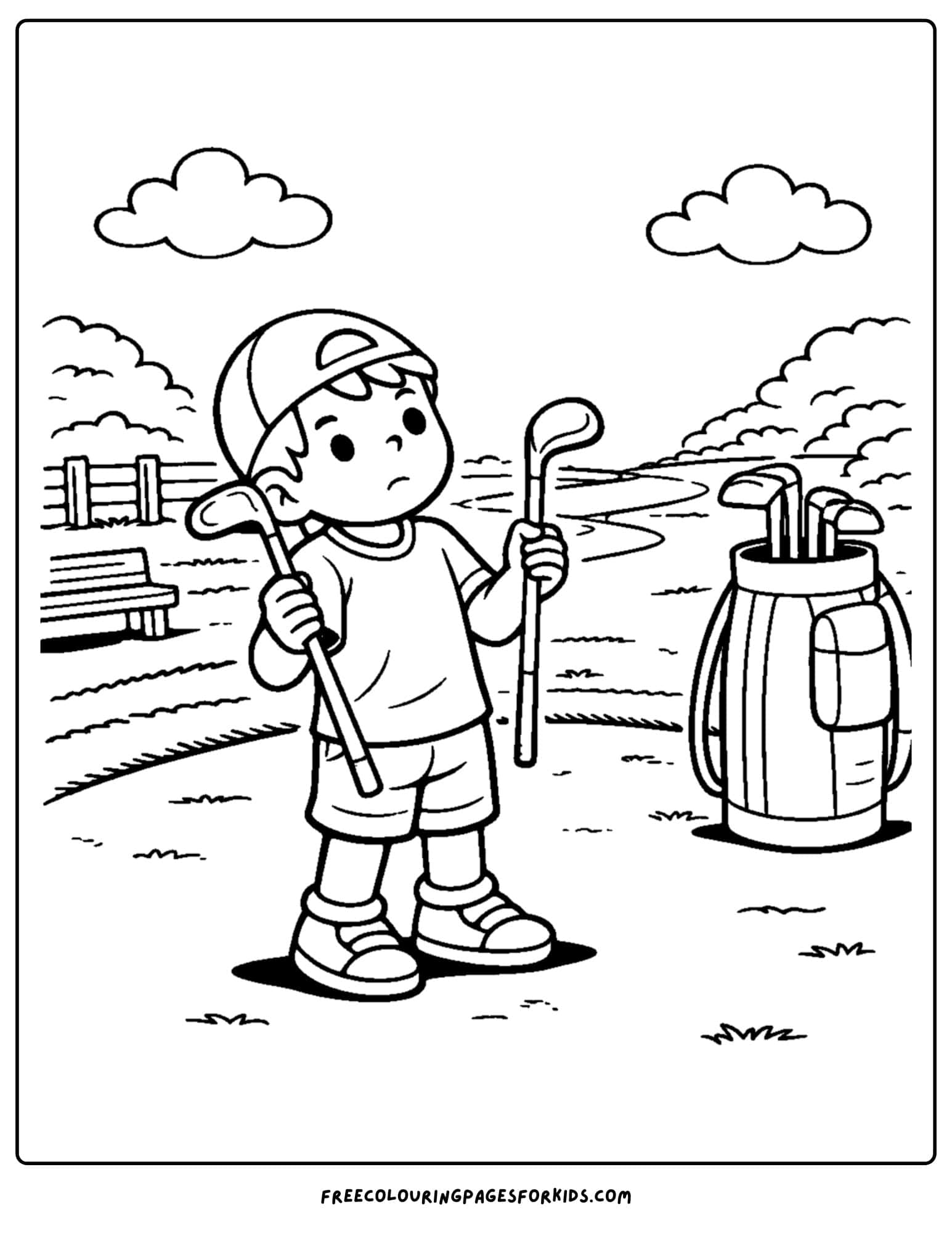 a golf coloring page of a player deciding what club to use