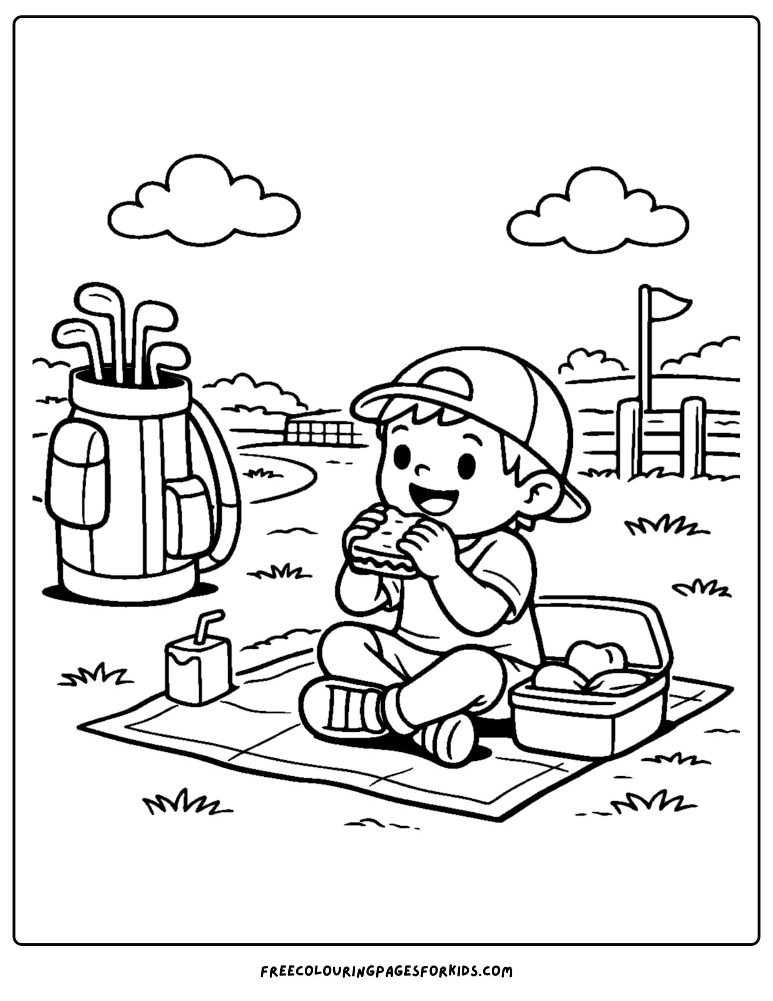 a golf coloring page of a kid having a picnic break at the golf course
