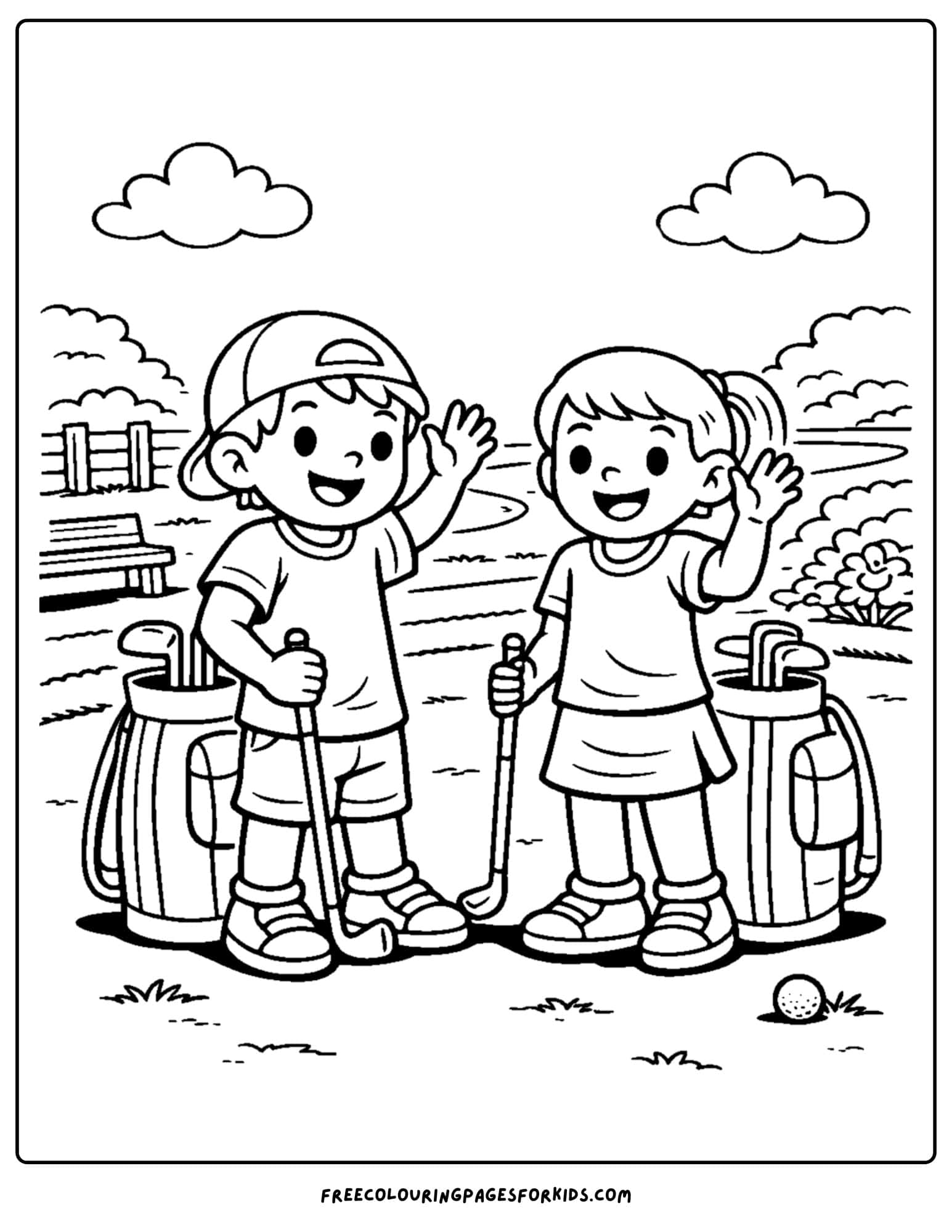 a golf coloring page of friends out playing golf together