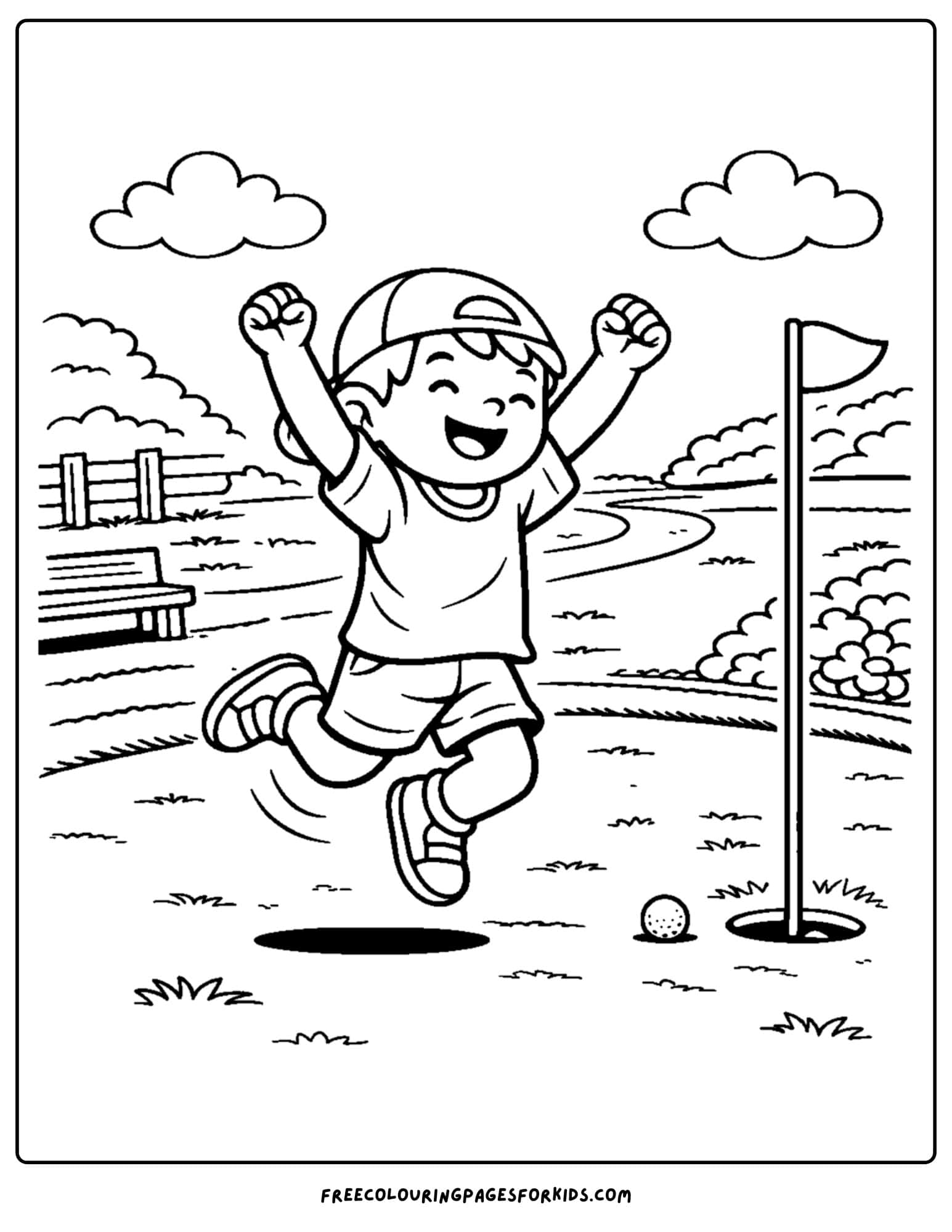 a golf coloring page a payer celebrating landing their ball on the green