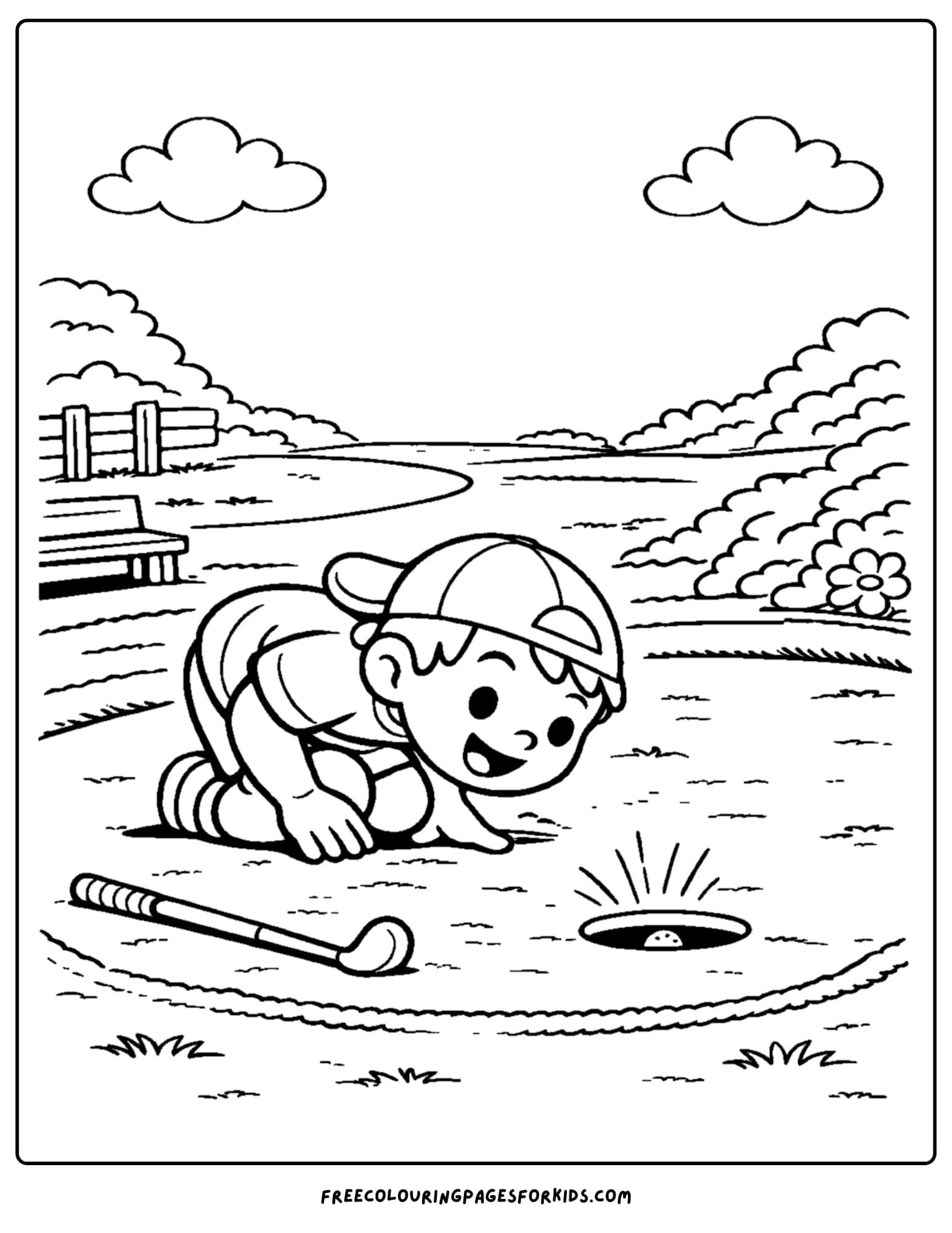 a golf coloring page of a player checking the hole to see if their ball went in