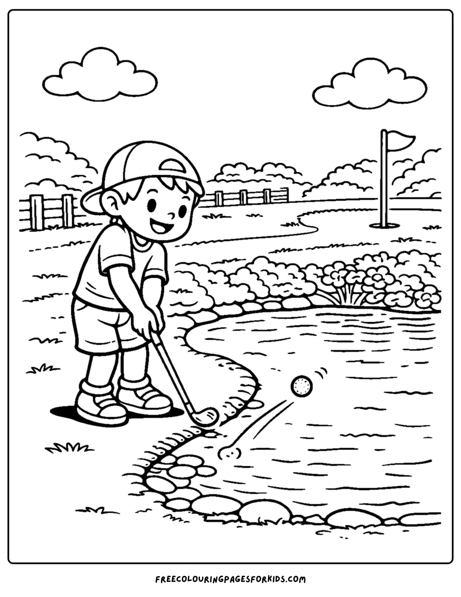 a golf coloring page of a player trying to avoid a water hazard