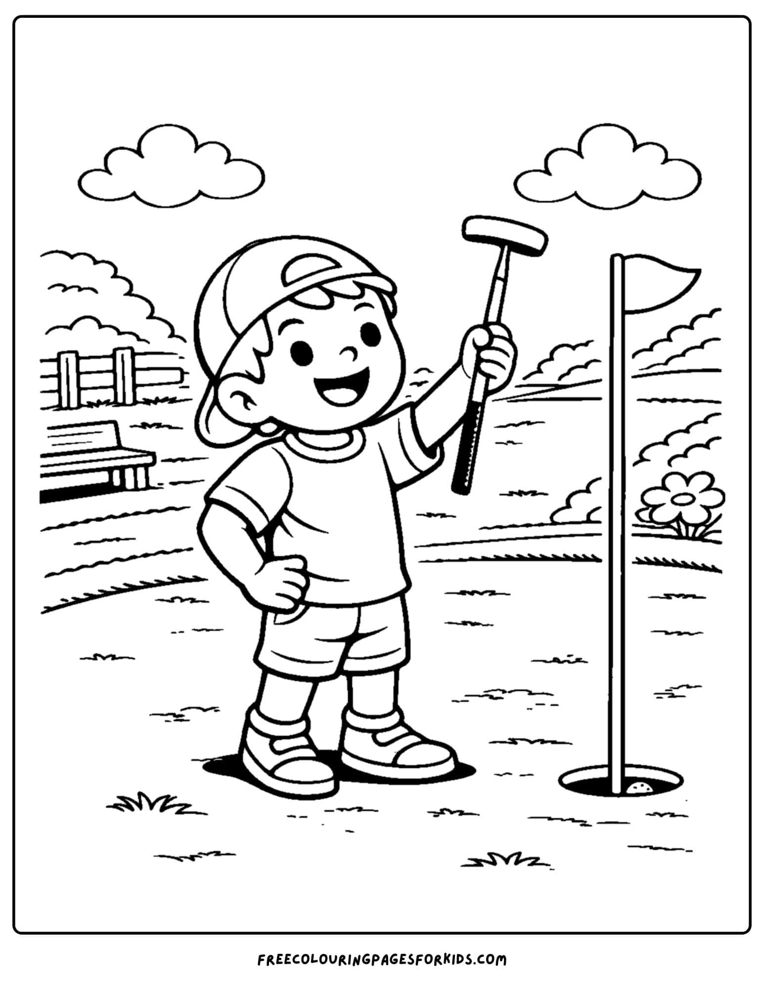 a golf coloring page of a player holding up their putter in success