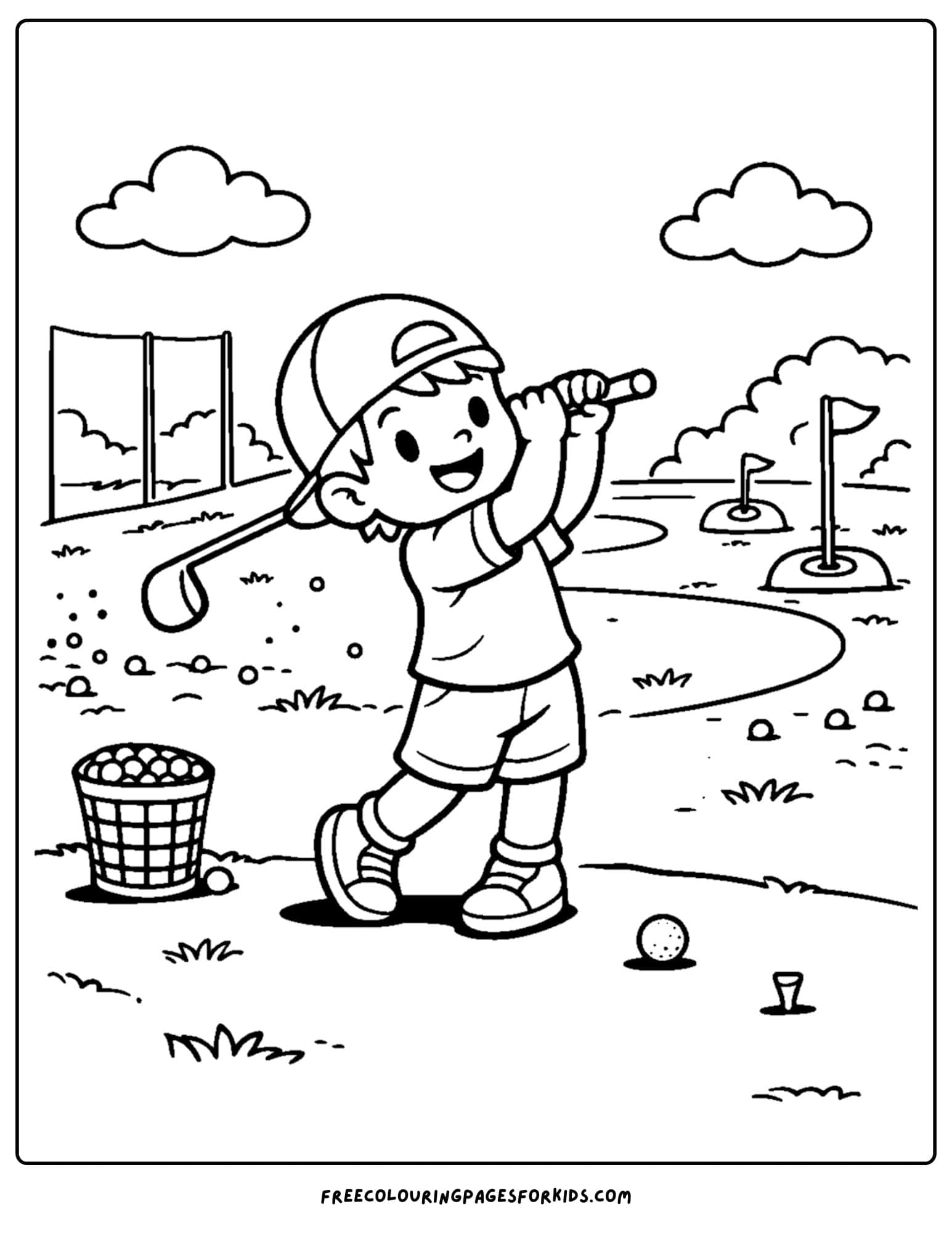 a golf coloring page on a golf range practicing their swing