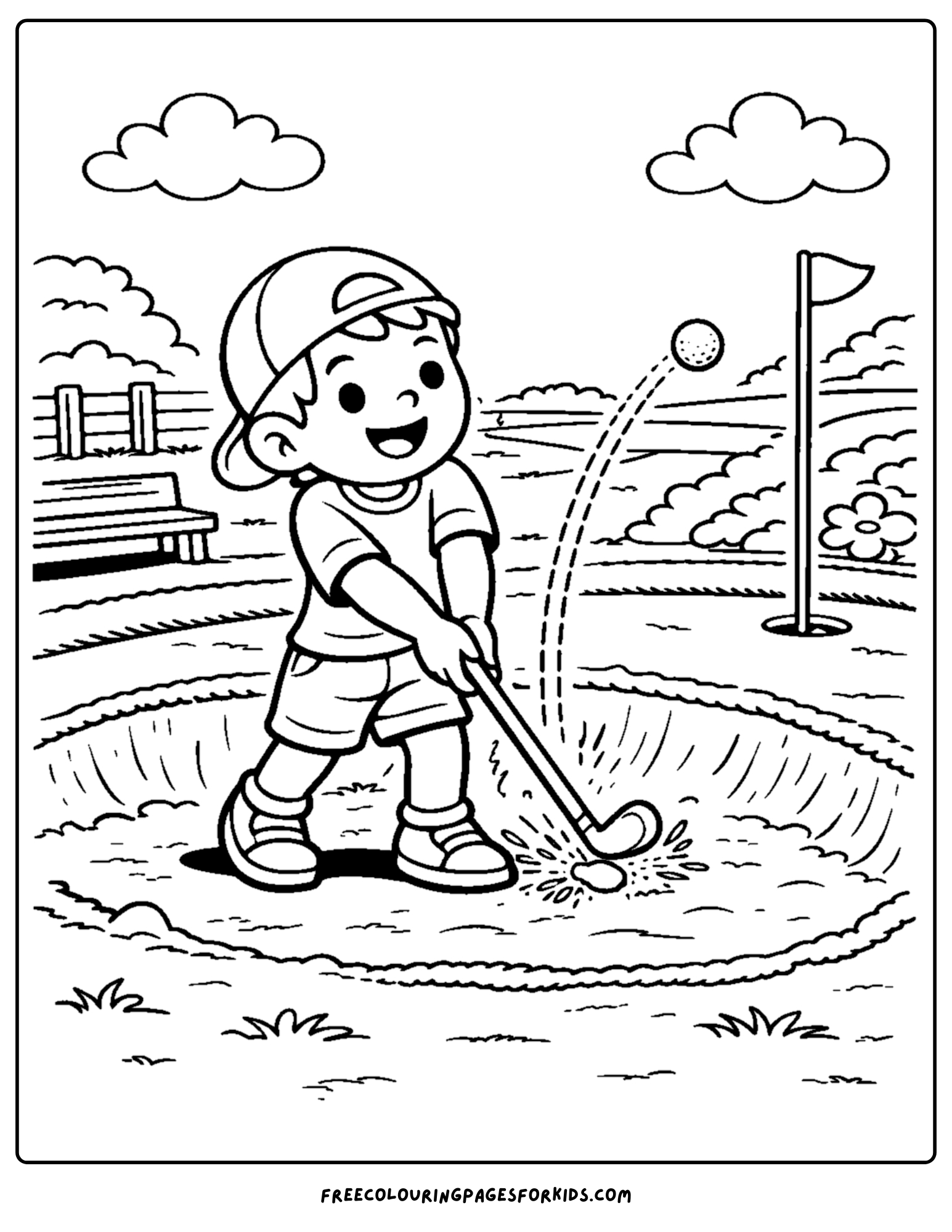 a golf coloring page of a player hitting their ball out of a sand bunker