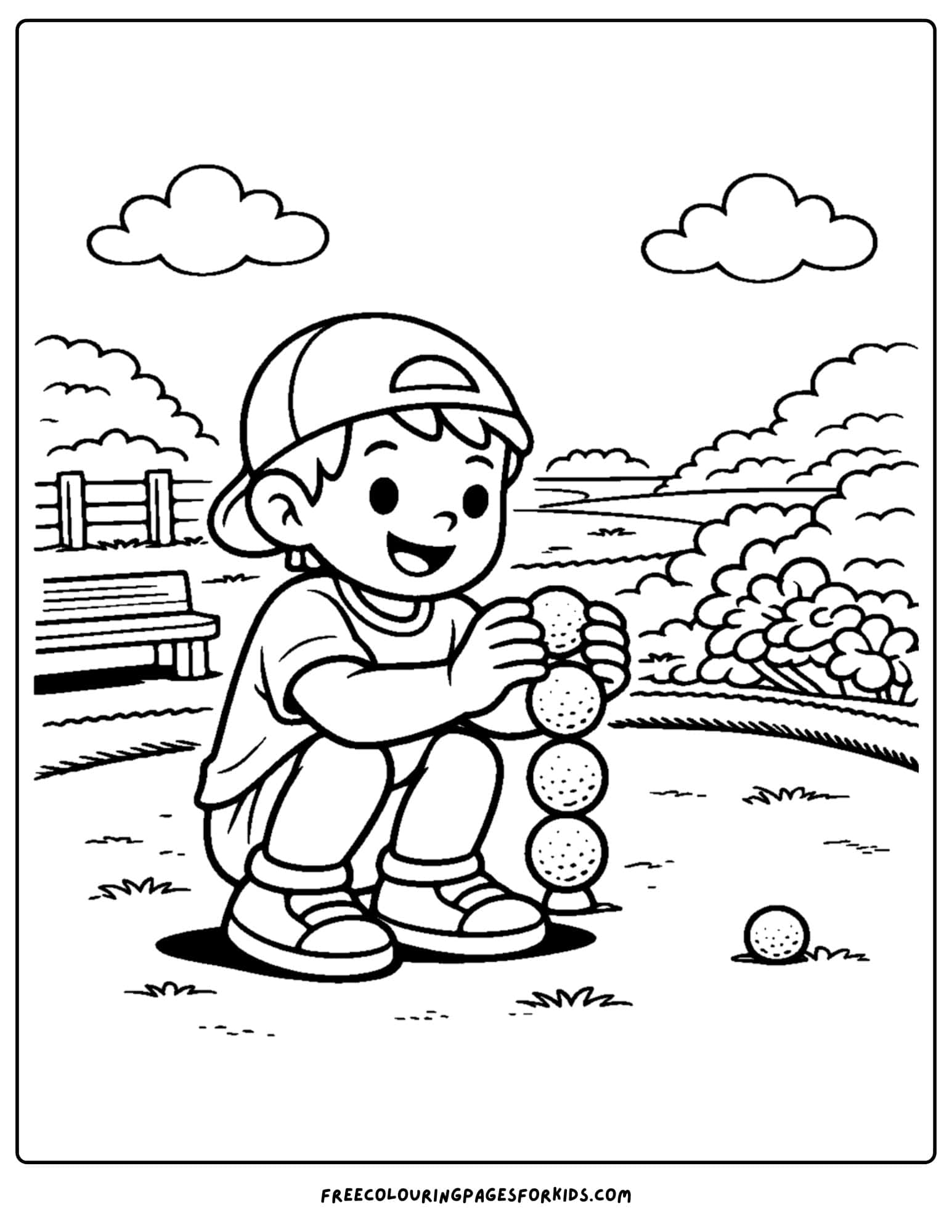 a golf coloring page kid carefully balancing golf balls on top of each other