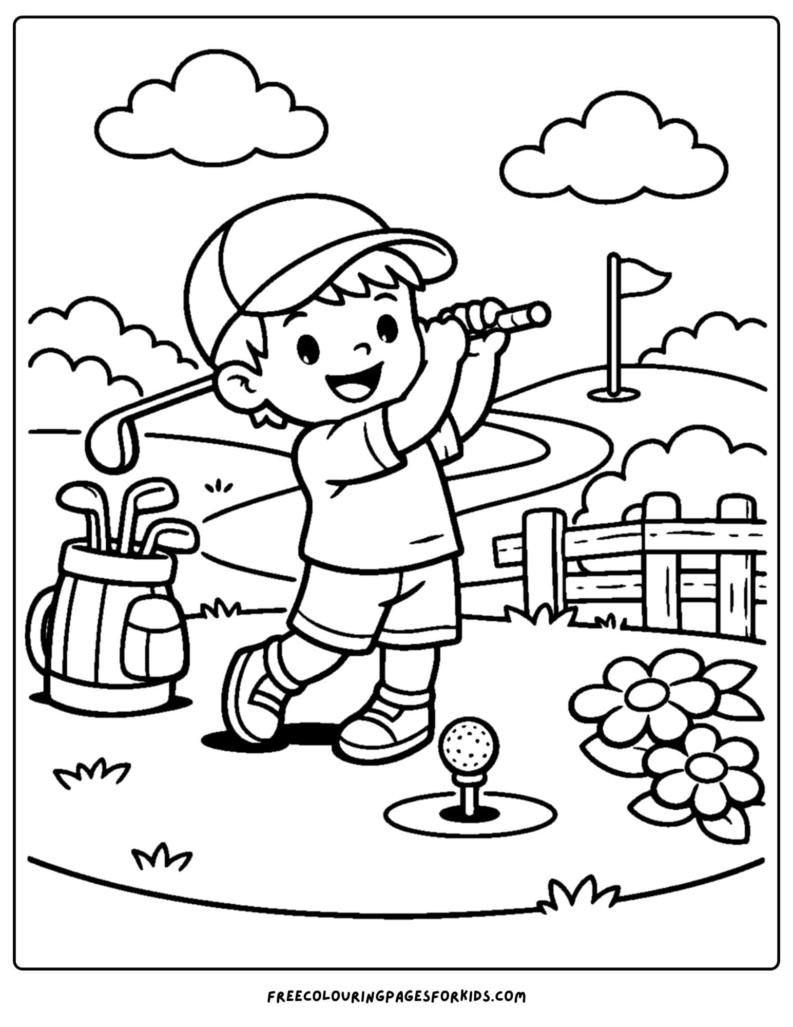 a golf coloring page of a child make a tee shot