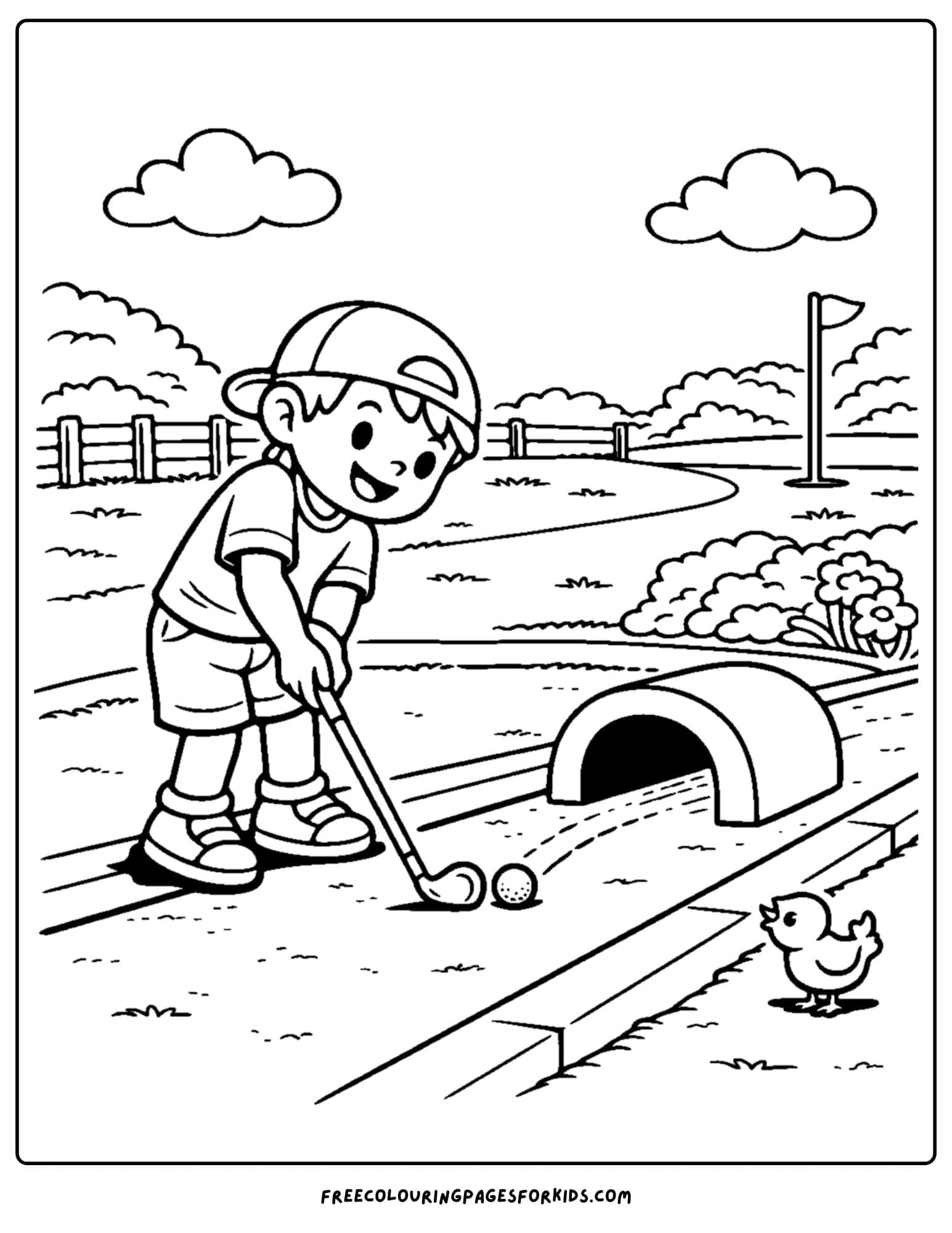 a golf coloring page of a kid putting through a tunnel