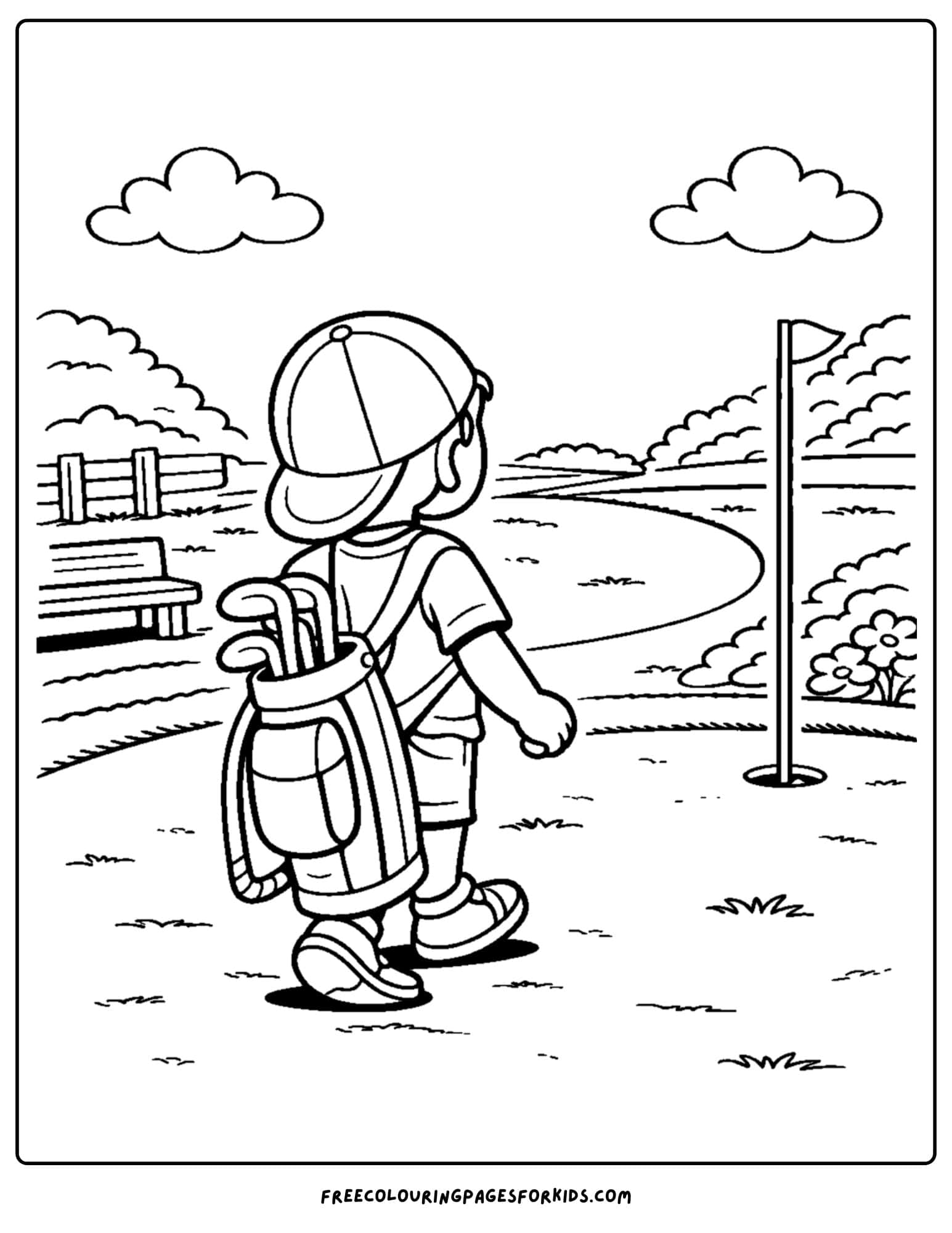 a golf coloring page of a child walking on a gold course with their clubs
