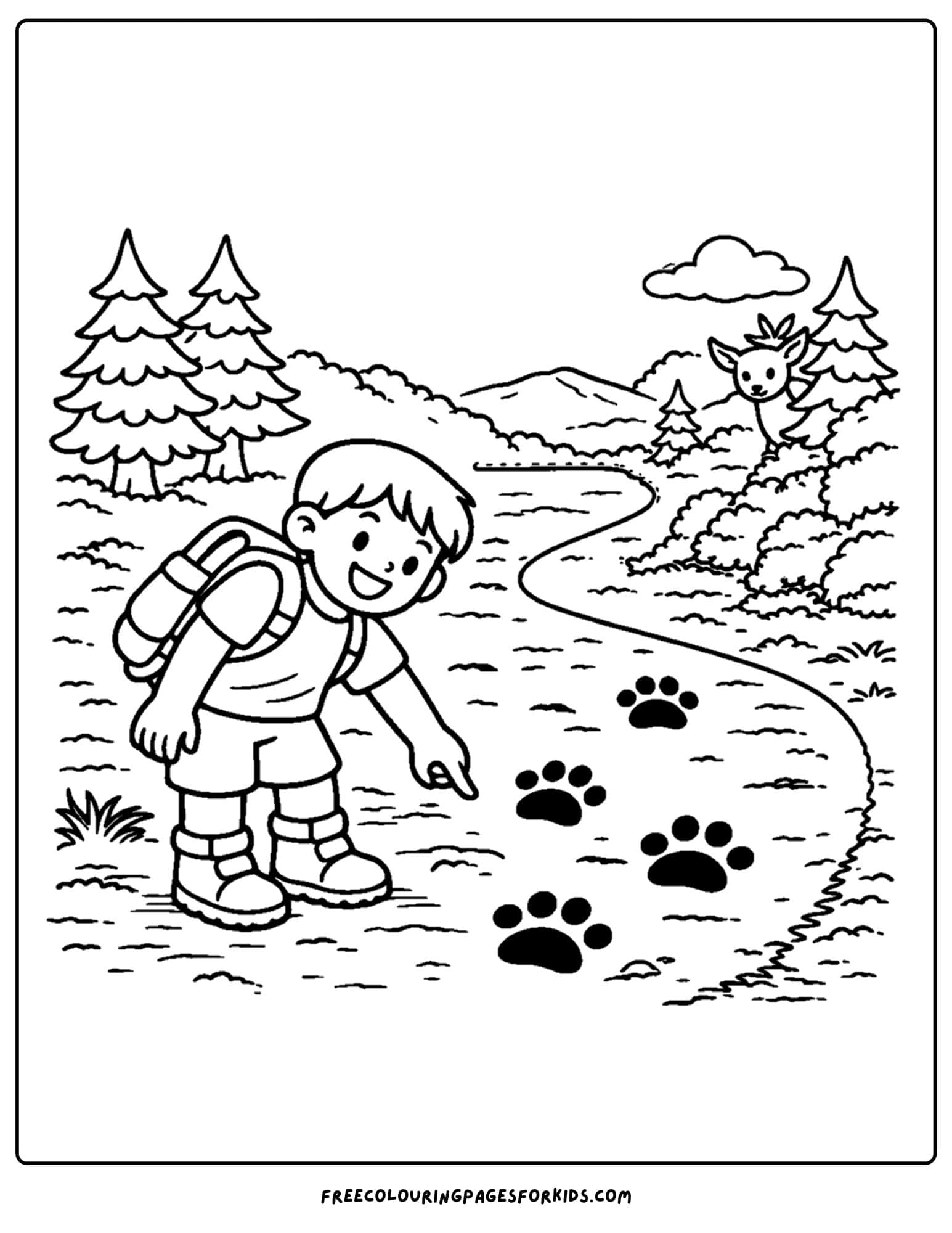a hiking coloring page of a child tracking animal foot prints