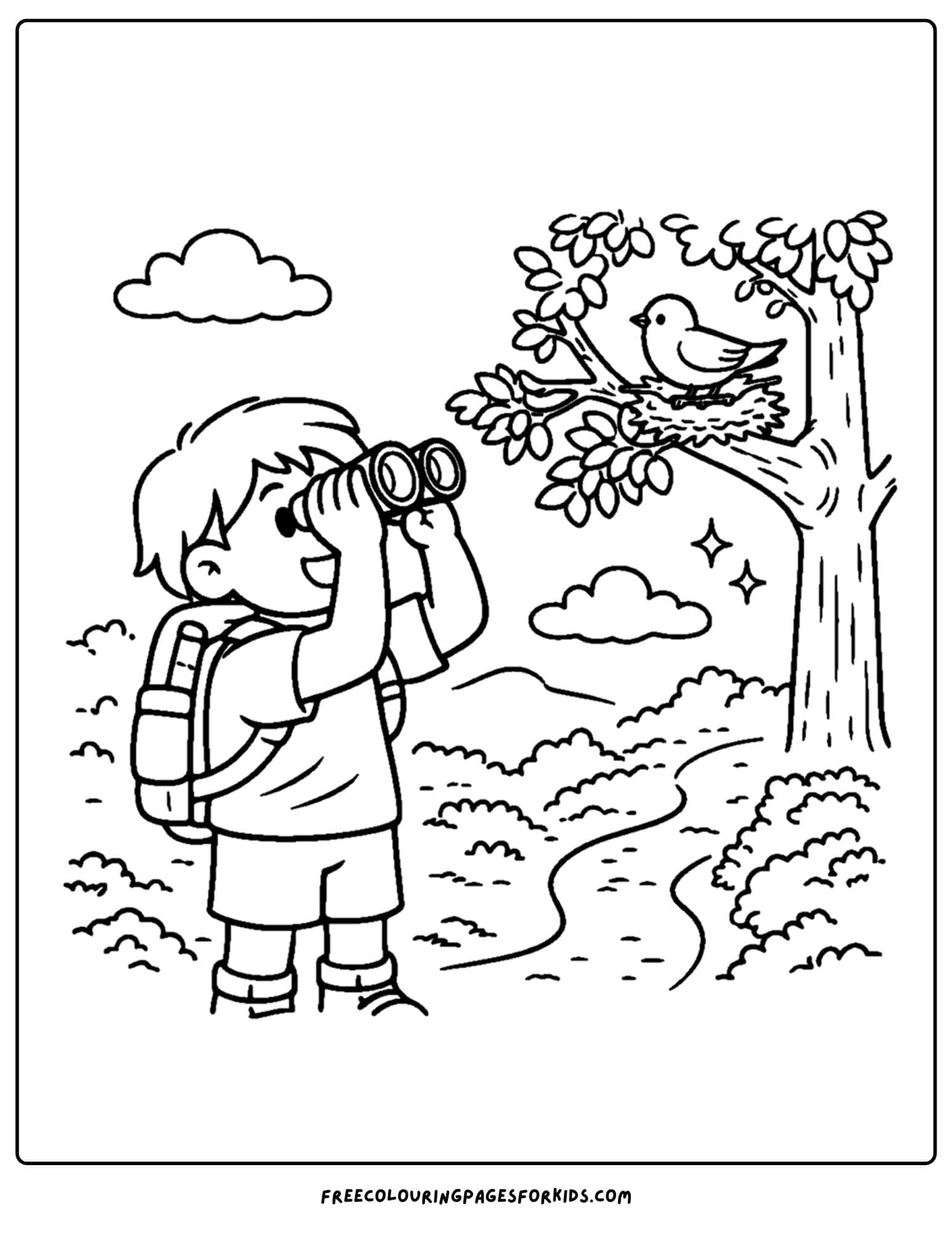 a hiking coloring page of a child bird watching