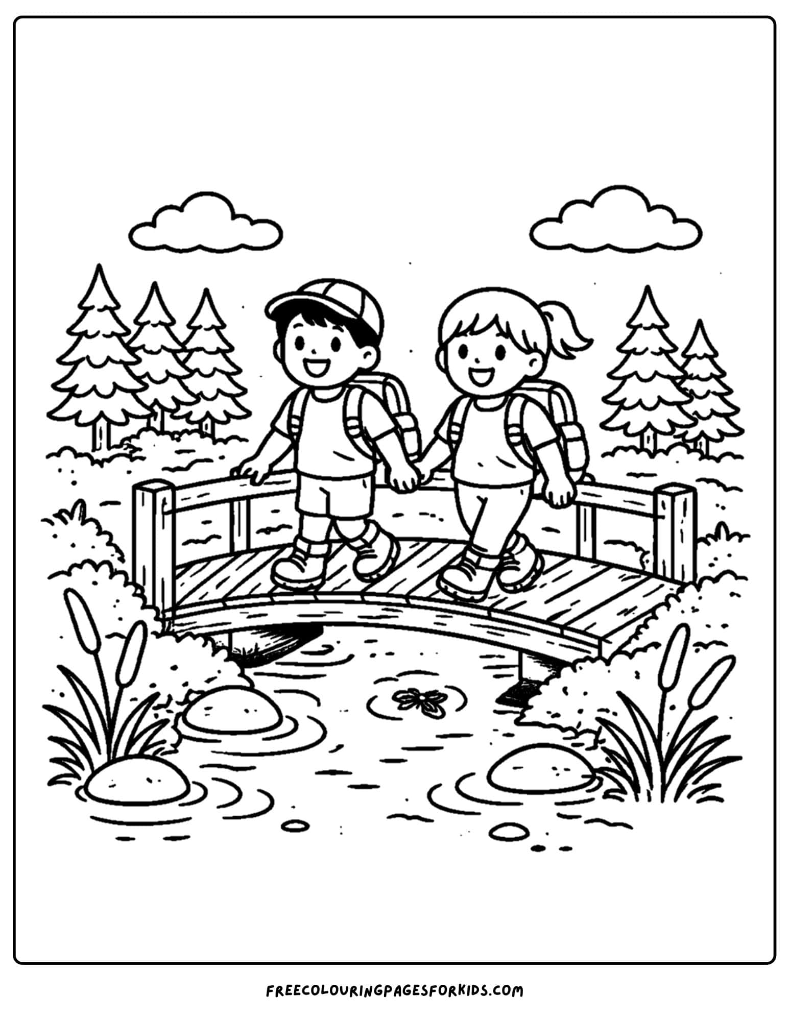 a hiking coloring page of kids going over a bridge