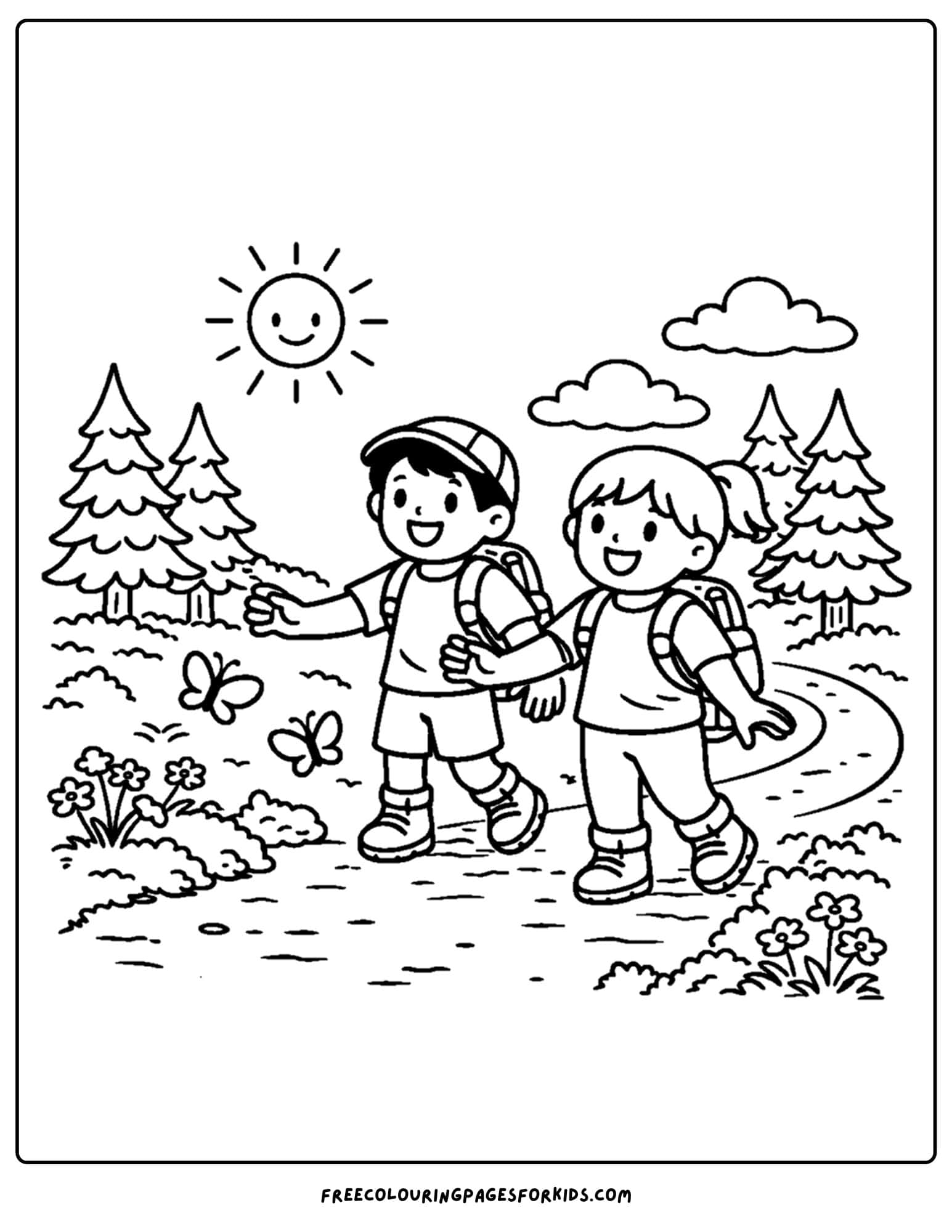 a hiking coloring page of two kids looking at butterflies on the path
