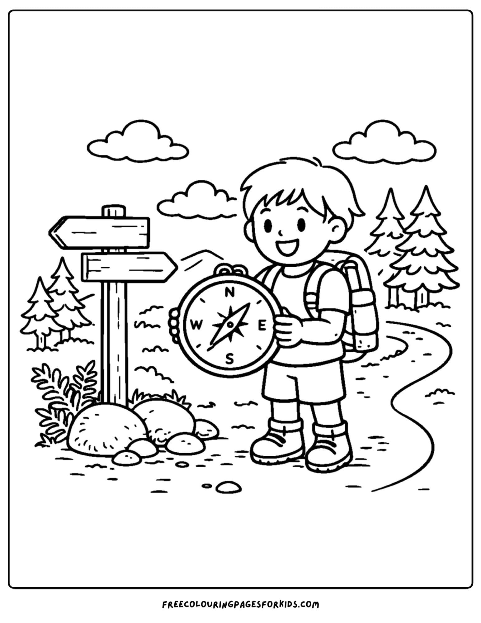 a hiking coloring page of a child with a big compass