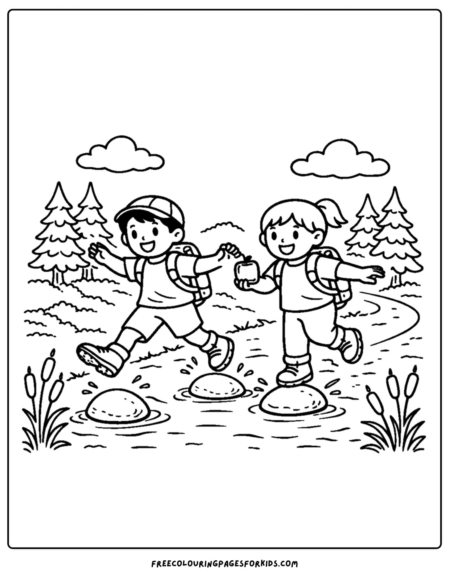 a hiking coloring page of some kids rock hopping over a creek