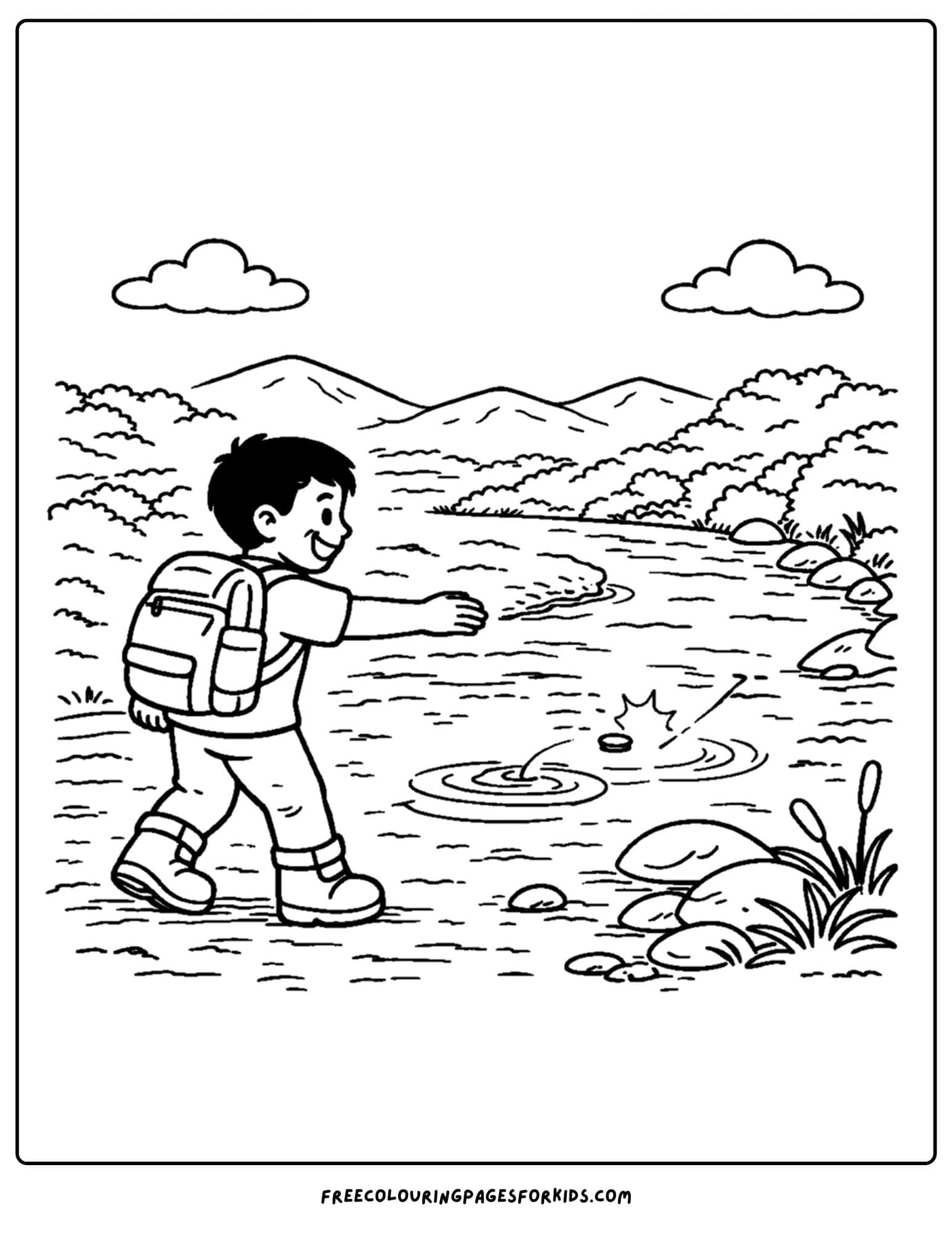 a hiking coloring page of a child skipping rocks over the water