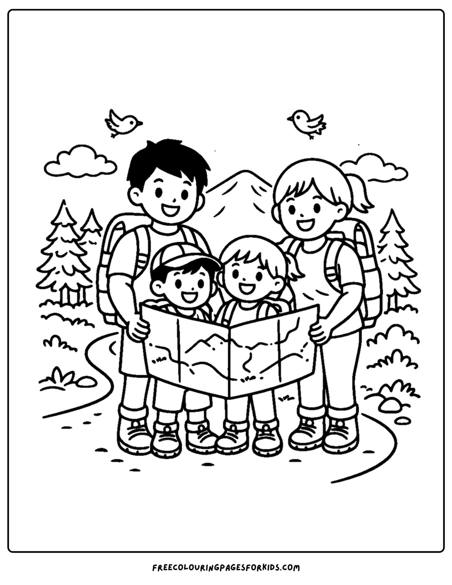 a hiking coloring page of a family looking at a map