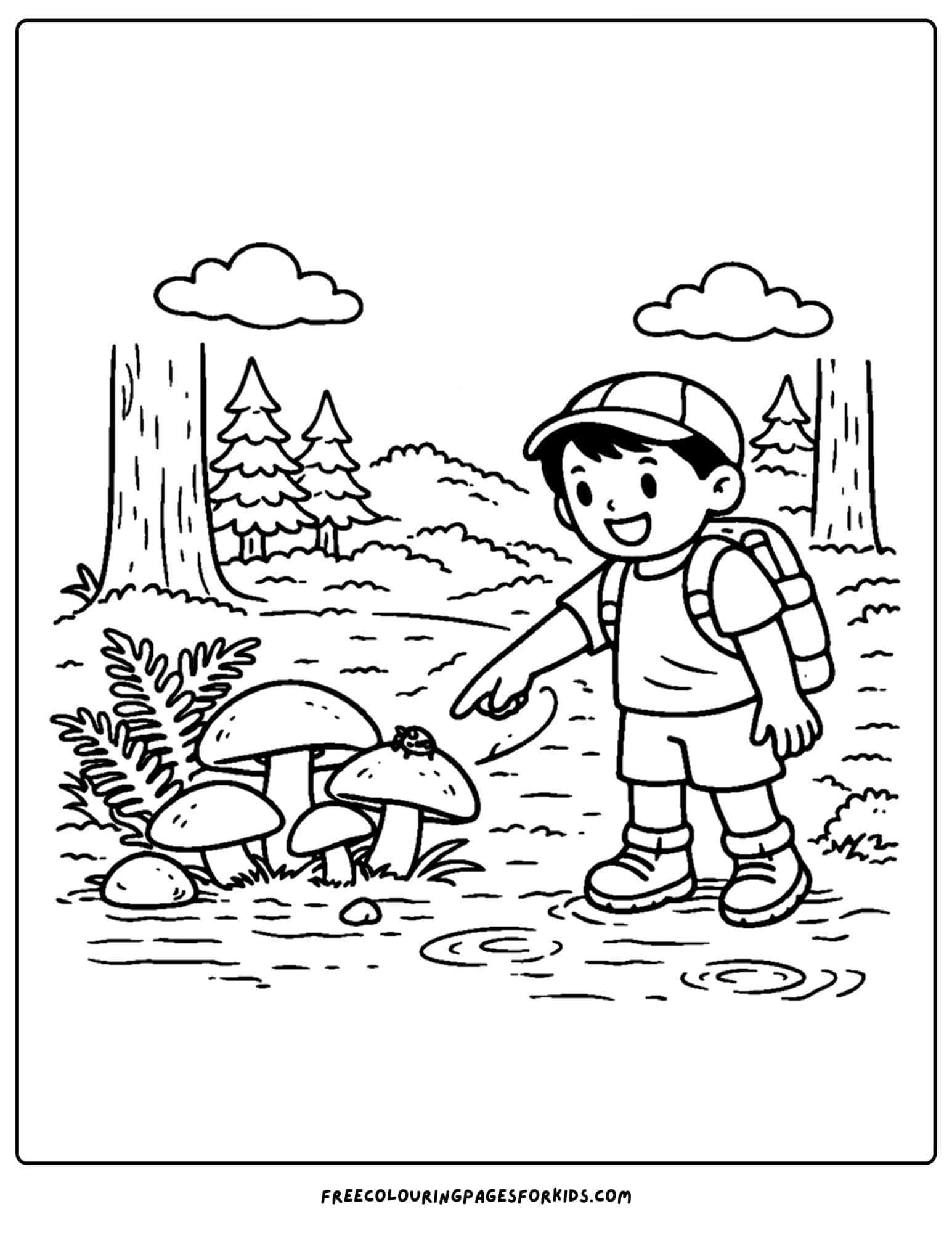 a hiking coloring page of a child pointing out forest mushrooms