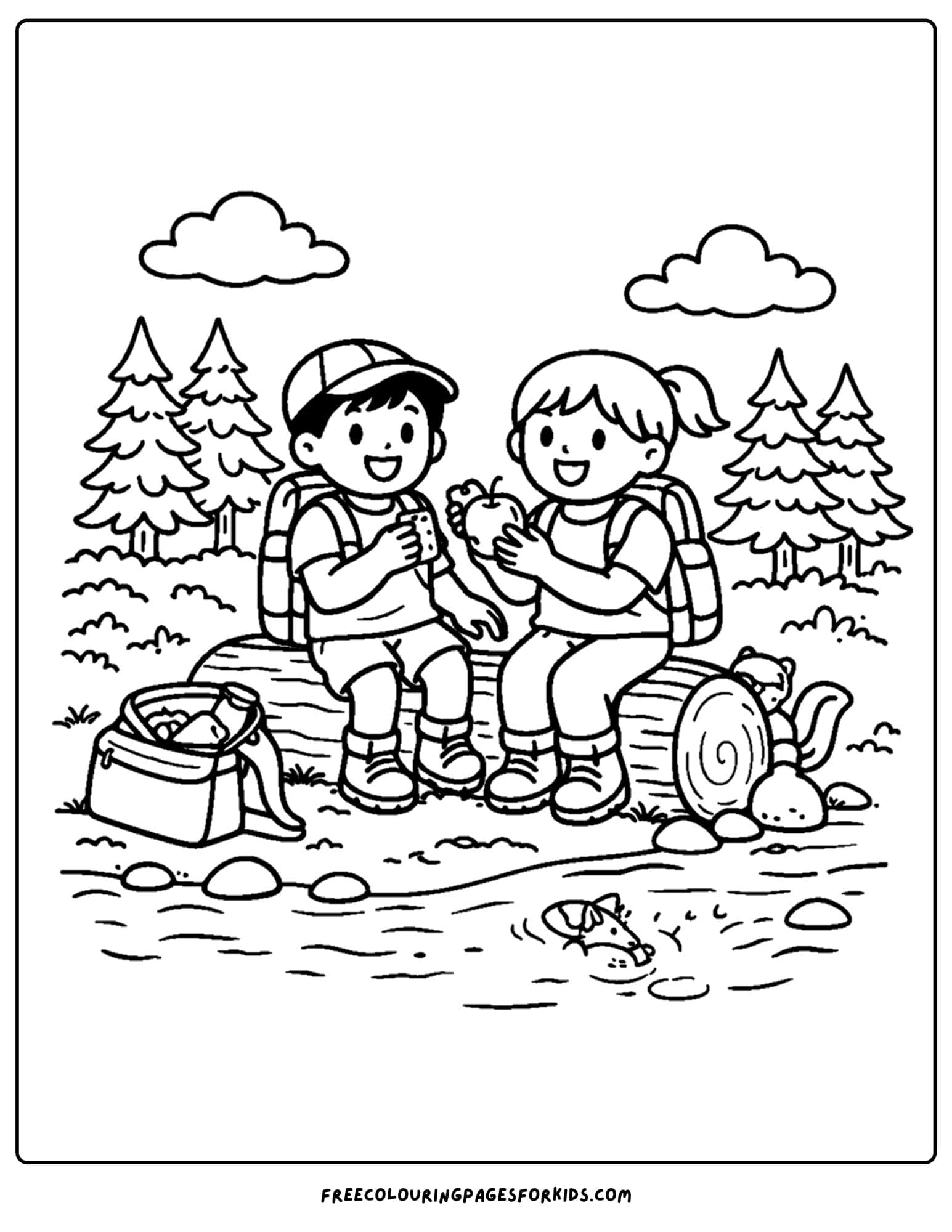 a hiking coloring page of kids sitting on a log to have a snack