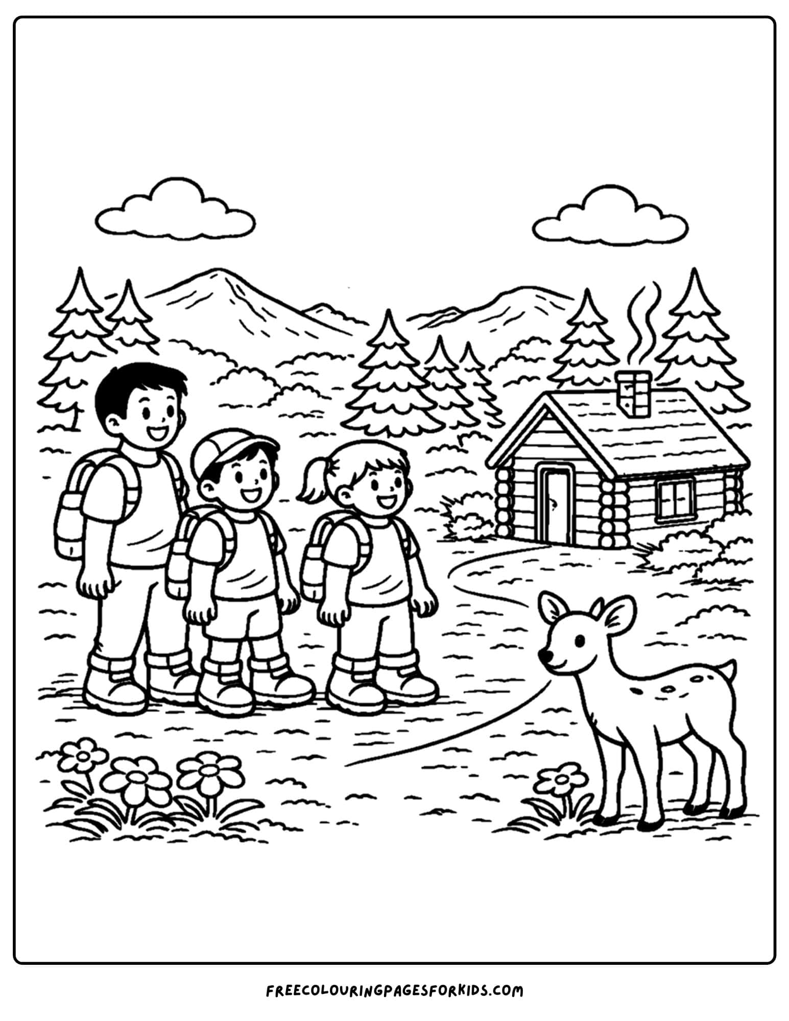 a hiking coloring page of a family walking up to a mountain cabin and seeing a deer