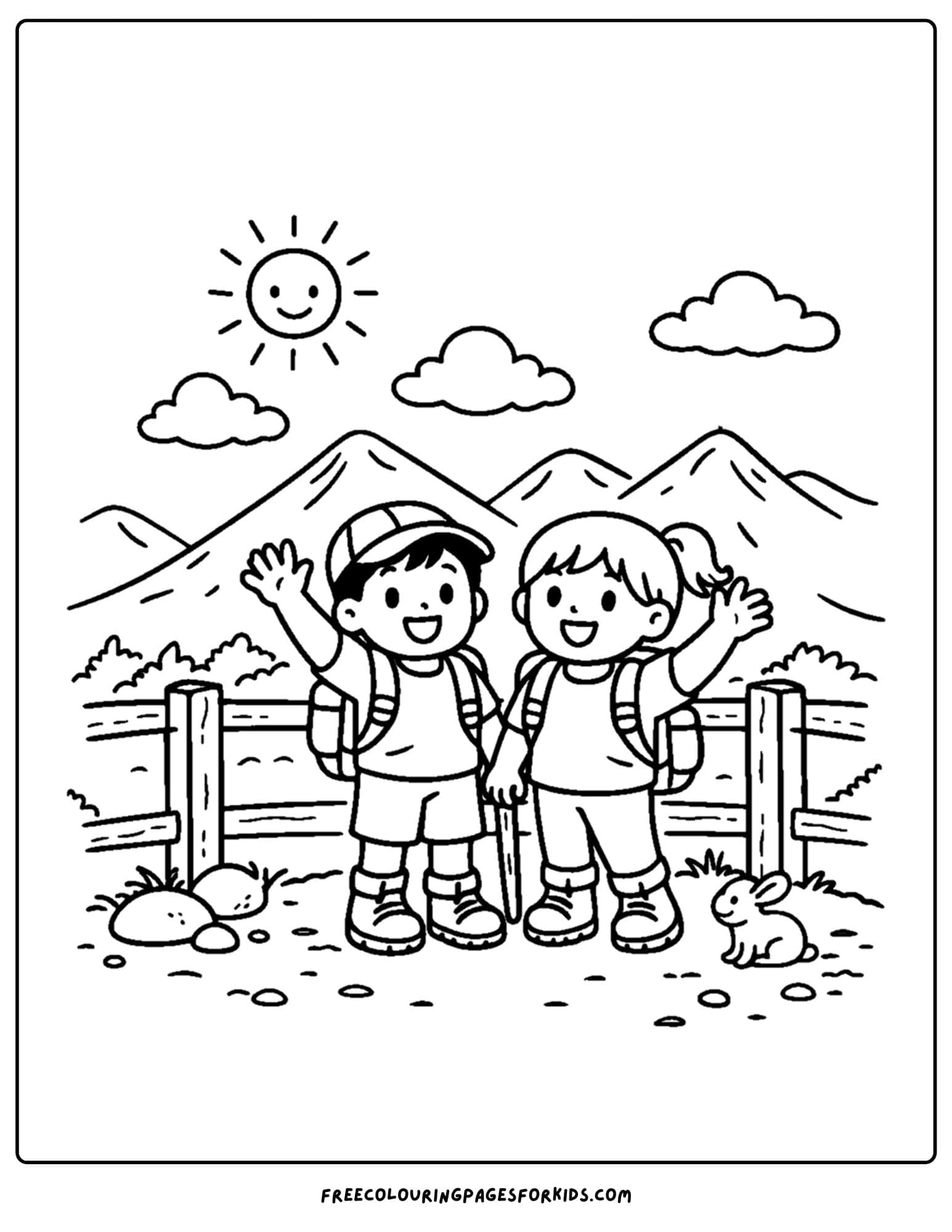 a hiking coloring page of kids waving from a lookout point
