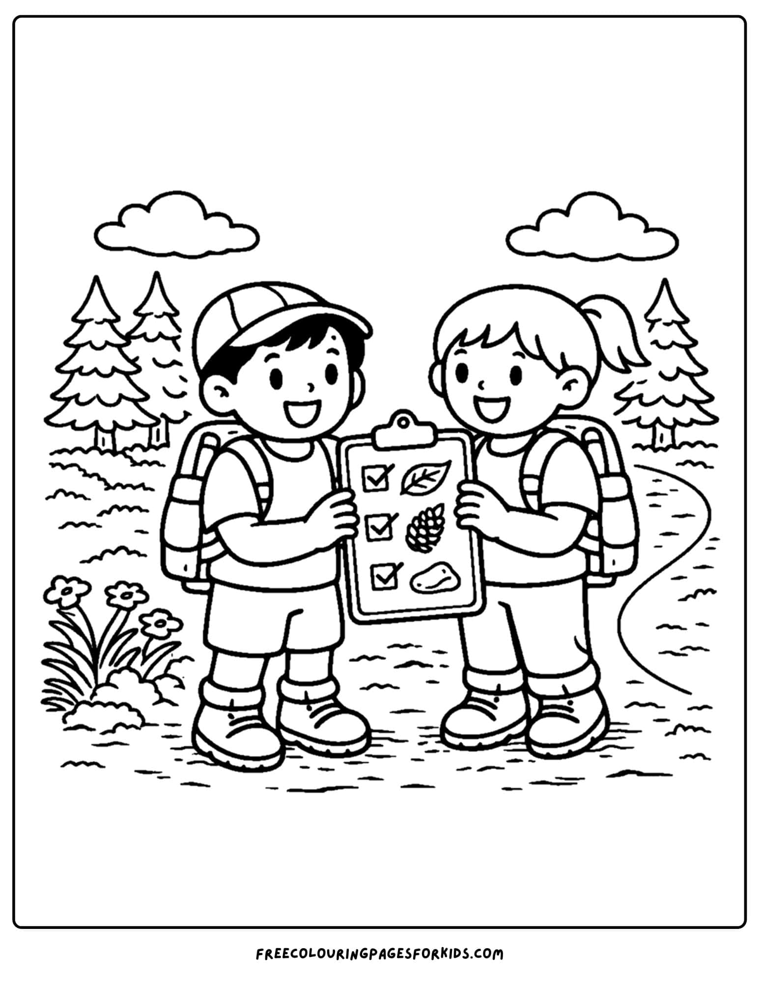 a hiking coloring page of kids showing their scavenger hunt list