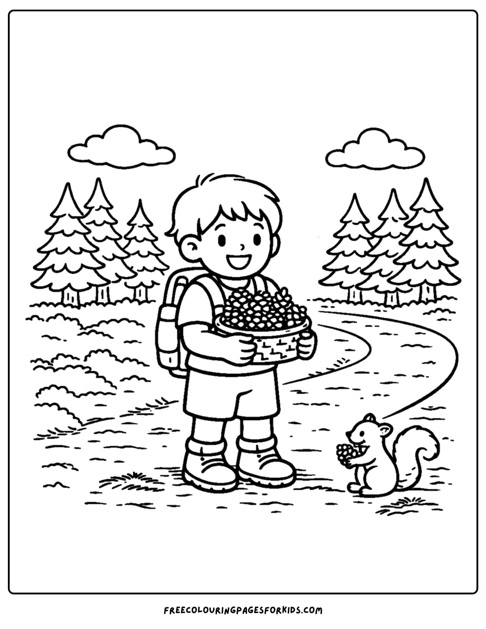 a hiking coloring page of a child collecting pinecones